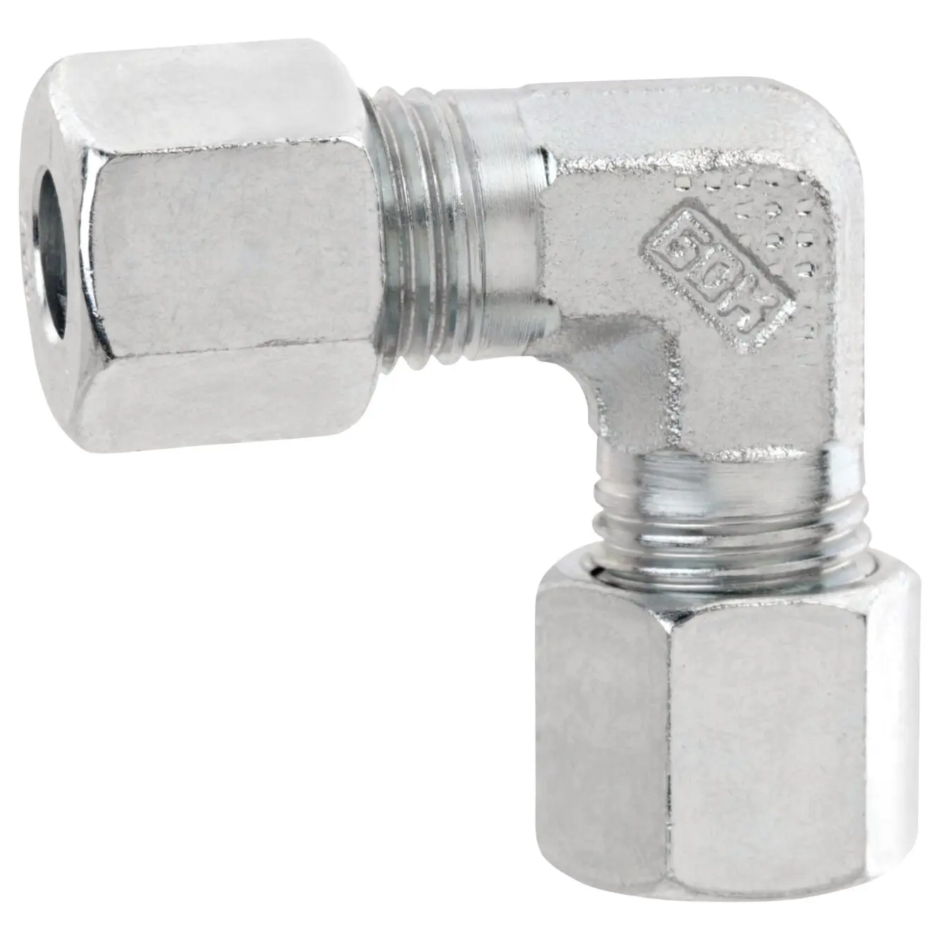 Verzinkte WL 8 x 8 Winkel-Verschraubung, 90-Grad-Fitting mit Innengewinde links und Außengewinde unten, sichtbare Gewinde und Metalloberfläche