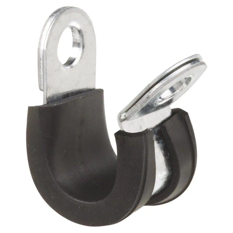 Schwarze Rohrschelle mit U-förmiger Halterung und zwei silberfarbenen Befestigungsösen, für Rohre mit 8 mm Durchmesser