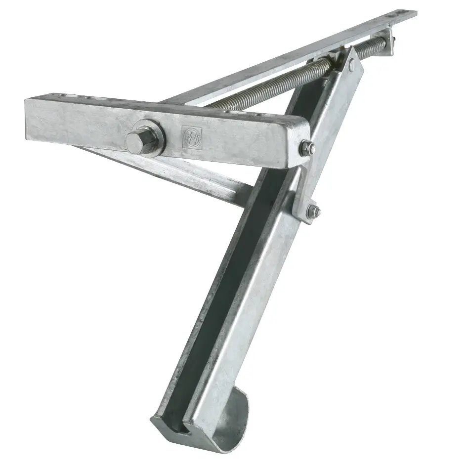 Ausdrehstütze aus galvanisiertem Metall, seitliche Ansicht mit langer Gewindestange, Bolzenverbindungen und diagonaler Strebe