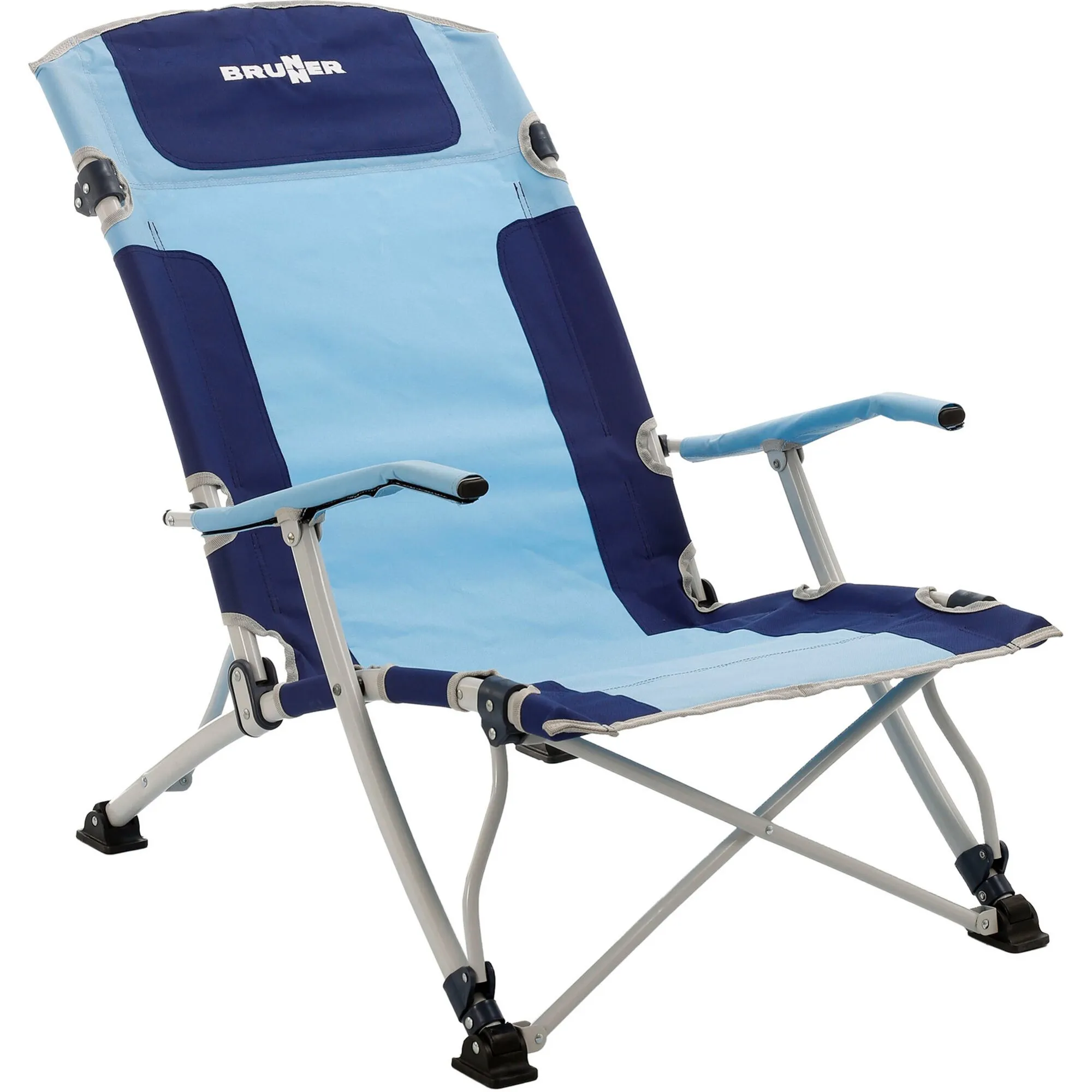Strandstuhl Bula XL in Hellblau und Dunkelblau mit verstellbarer Rückenlehne, Armlehnen und klappbarem Aluminiumgestell