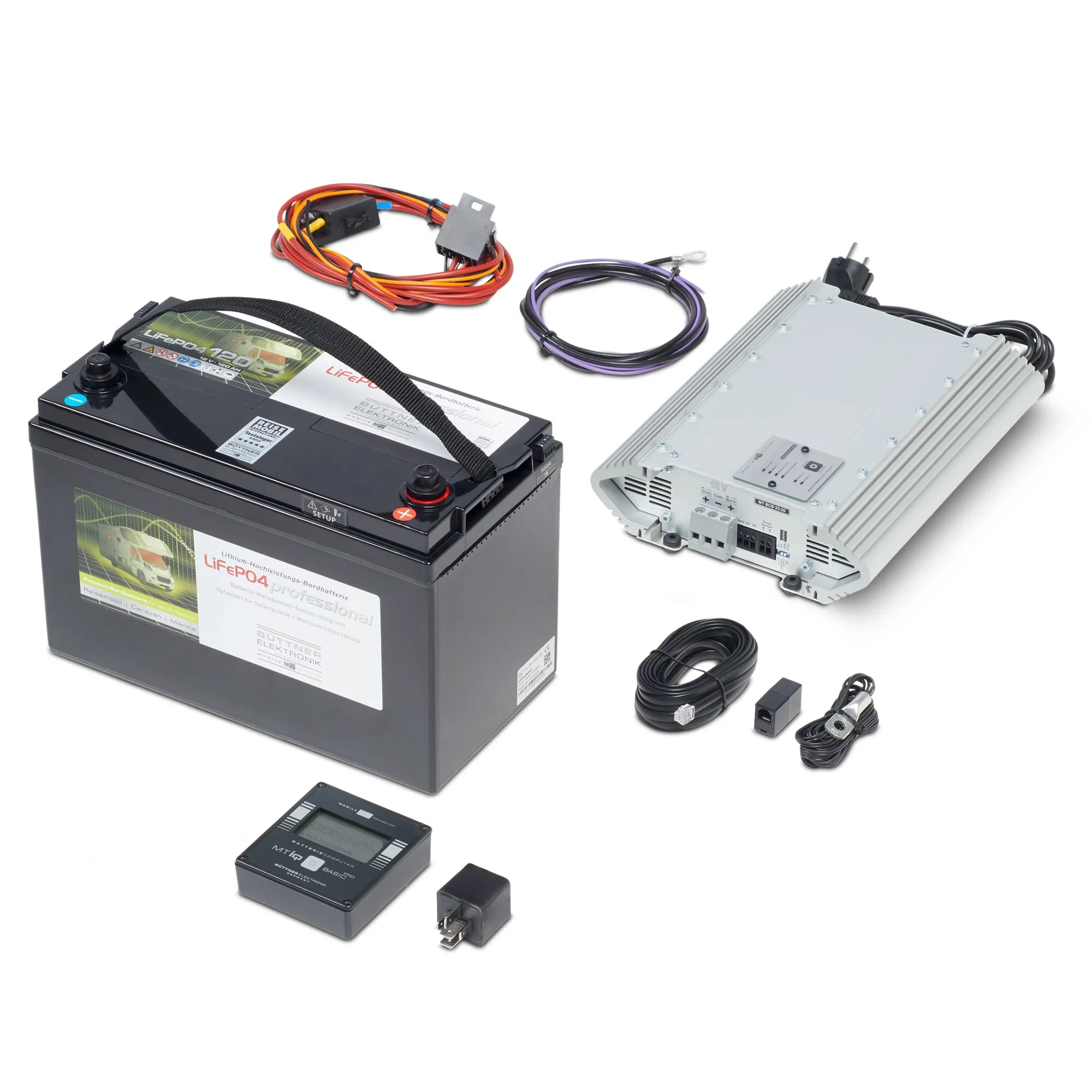 Lithium-Batterie Power Set mit schwarzer LiFePO4-Bordbatterie 120 Ah, Ladegerät, Kabeln, Sensoren und Batteriecomputer
