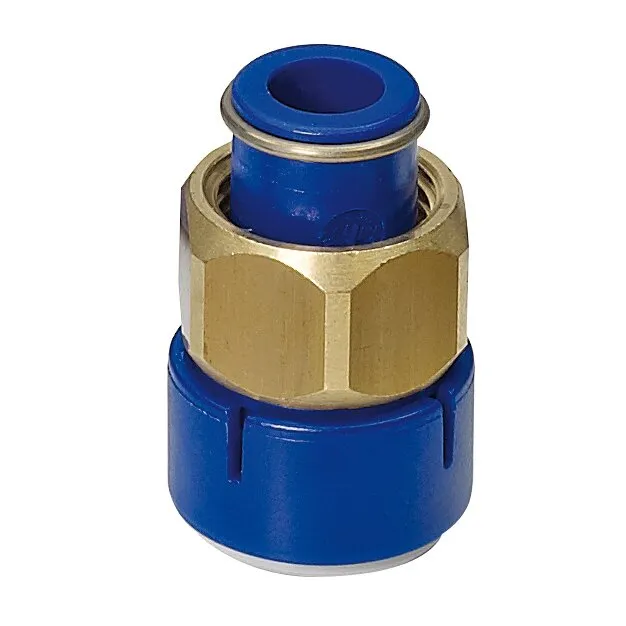 Blauer UniQuick-Verbinder mit ½-Zoll-Verschraubung aus Messing, freiliegendem Steckanschluss und zylindrischer Form