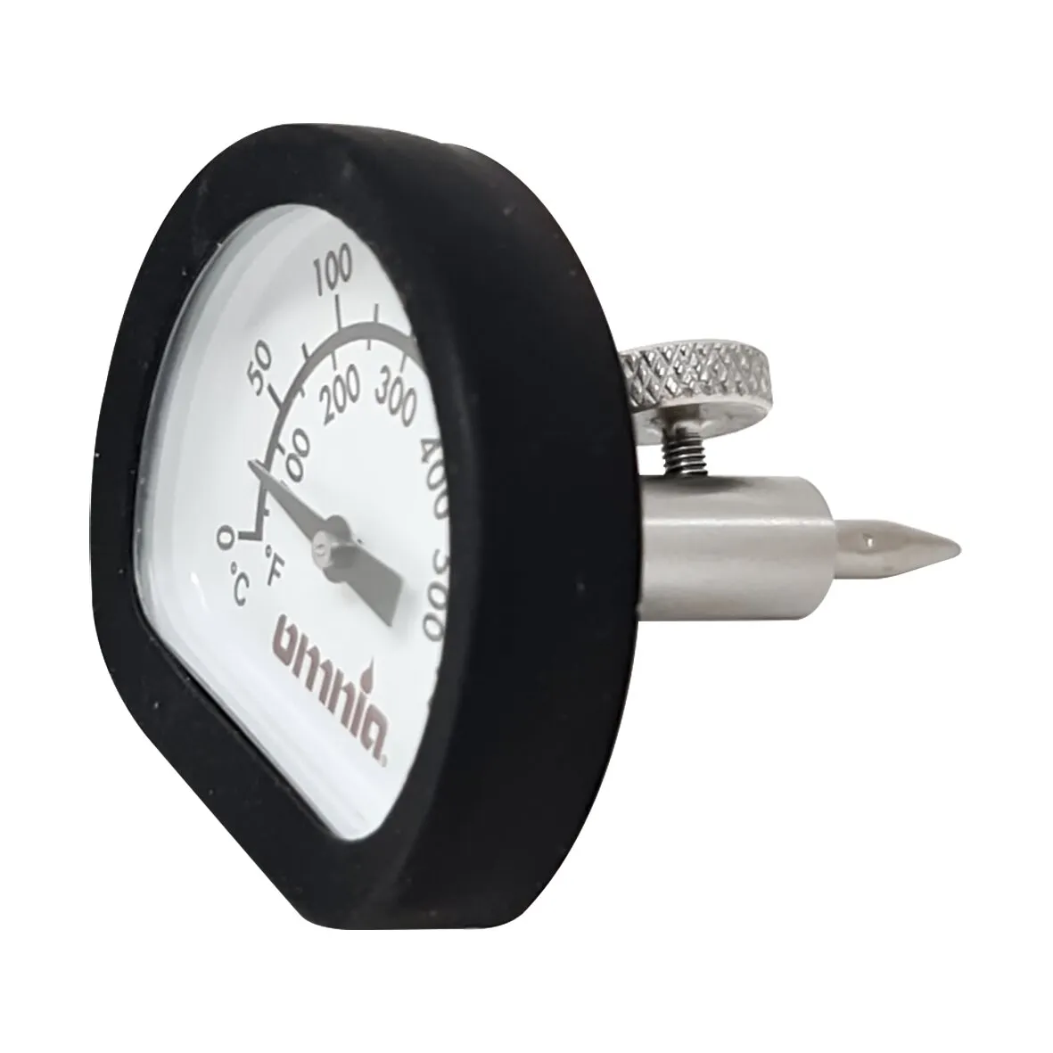Analoges Unnia-Thermometer mit schwarzem Rahmen, weißem Zifferblatt, Fahrenheit- und Celsius-Skala sowie seitlichem Einstechfühler