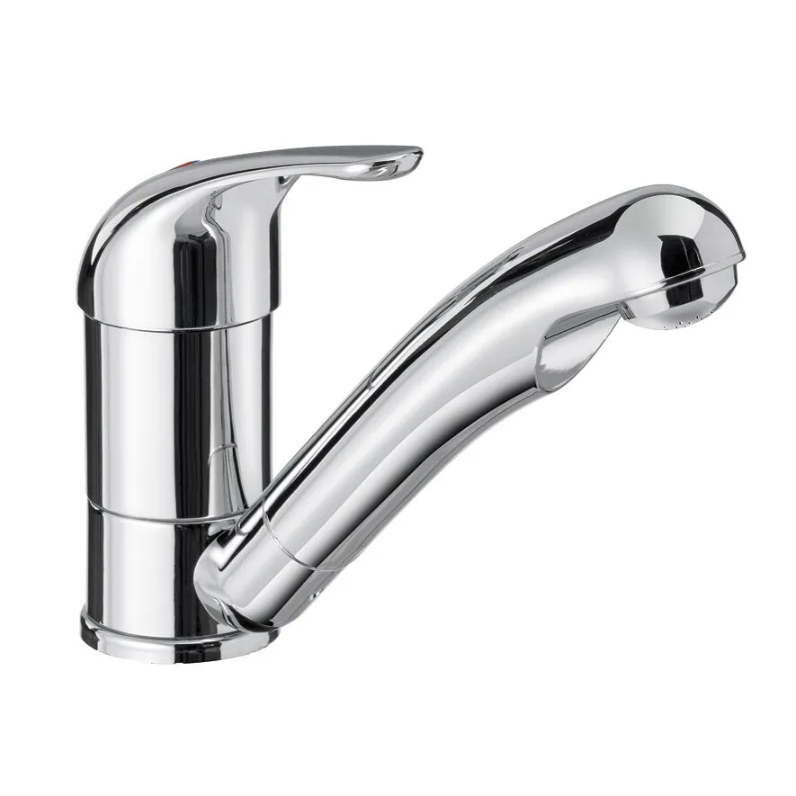 Verchromter Einhebelmischer Kama Standard mit zylindrischem Sockel, geschwungenem Auslauf und seitlichem Bedienhebel in Ansicht von vorn