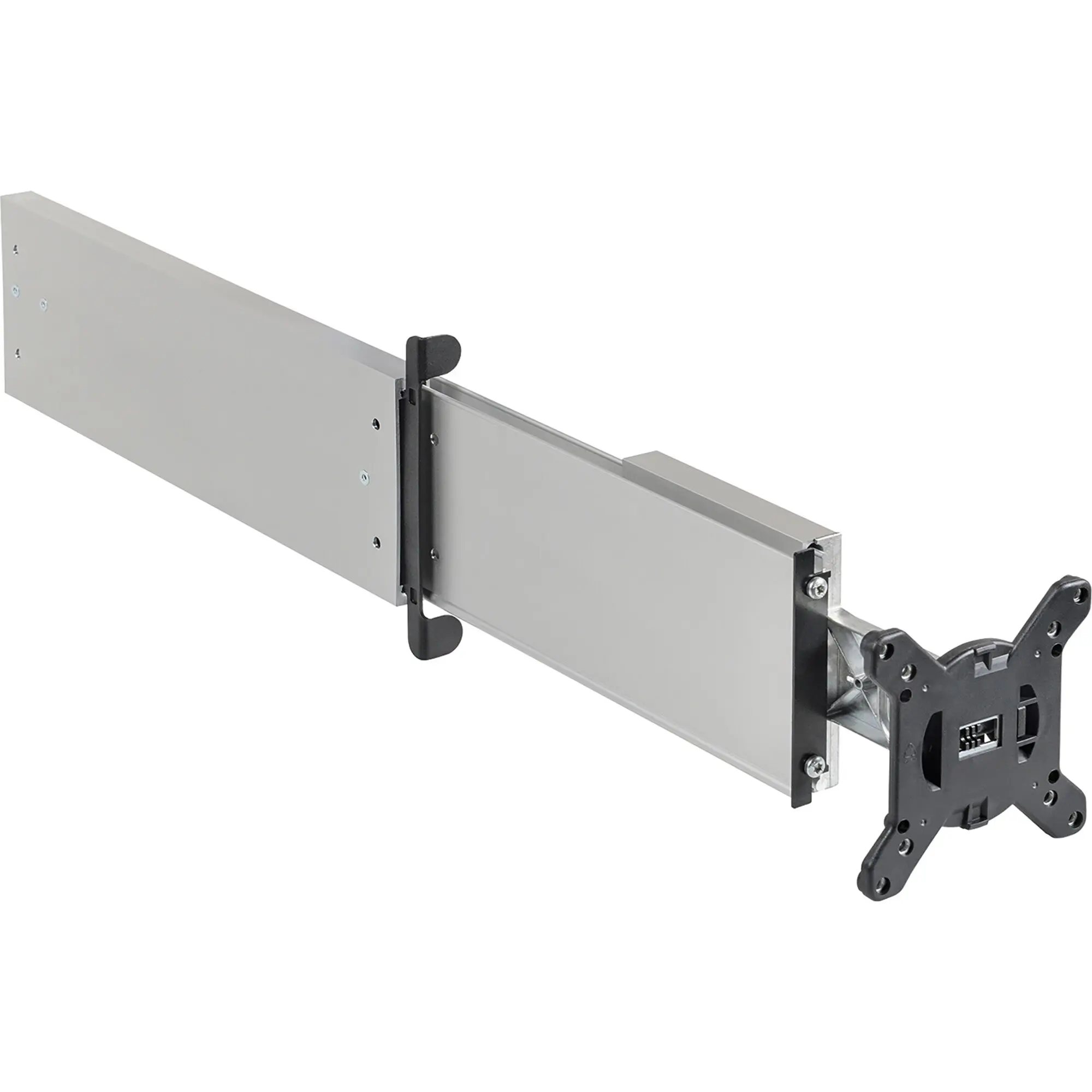 Wandhalterung Sky 20W light, lange silberne Metallbahn mit sichtbaren Schrauben, schwarze Halteklammer vorne