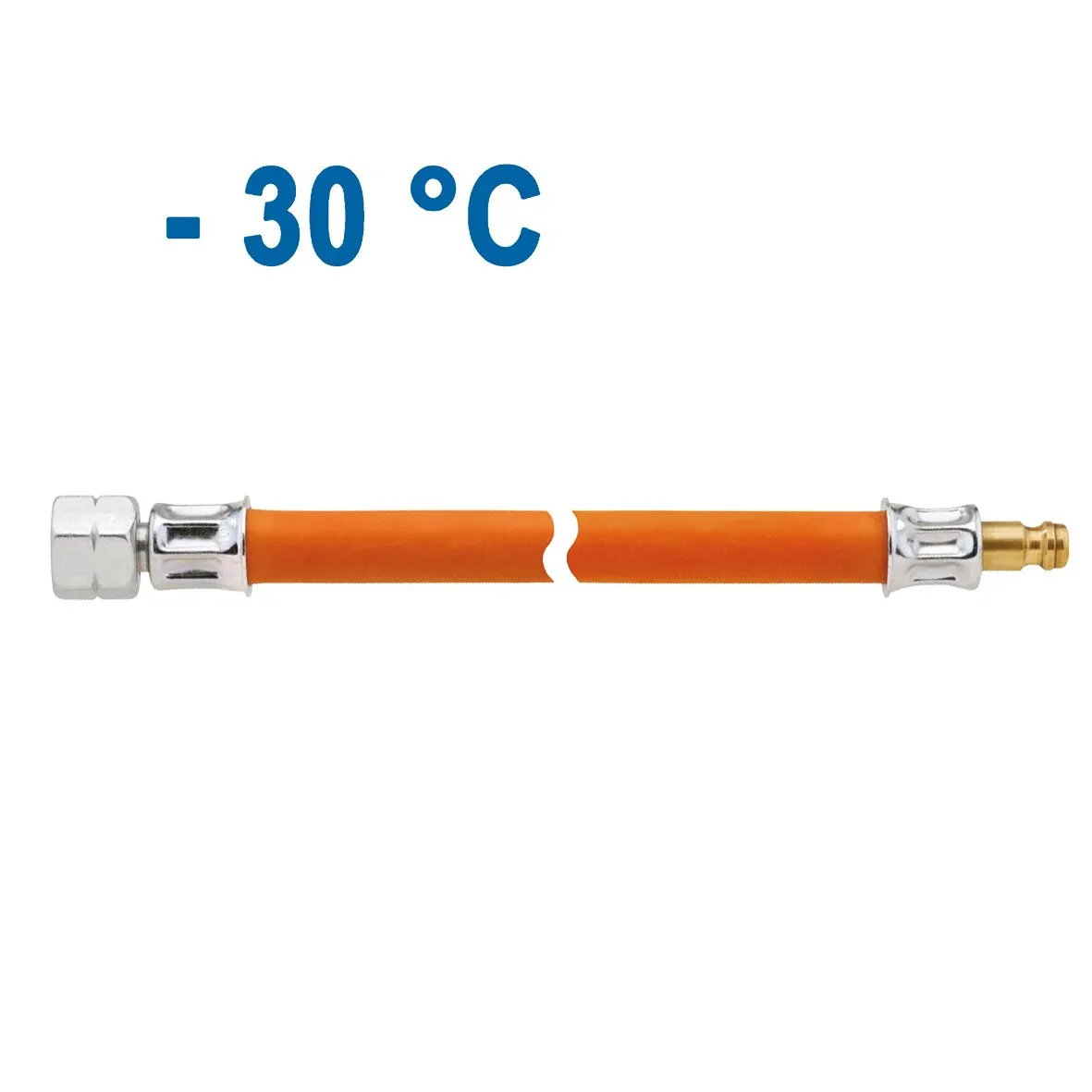 Orangefarbene 300 mm lange Mitteldruck-Schlauchleitung mit Überwurfmutter und Stecknippel, gekennzeichnet mit −30 °C