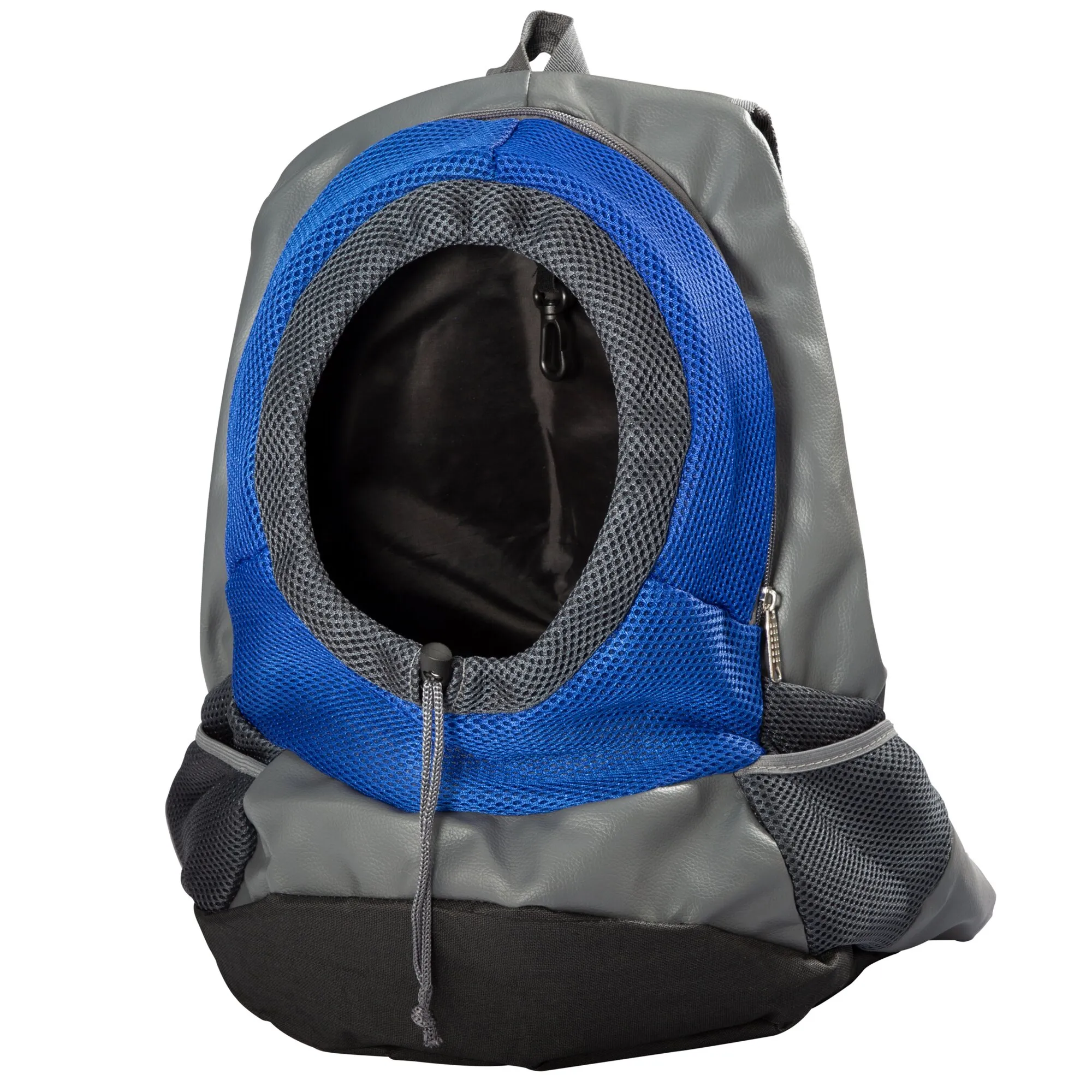 Grauer Rucksack für Hunde mit blauem Mesh-Einsatz, gepolstertem Innenraum, Zugband und Sicherheitskarabiner beirauksalt