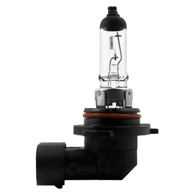 Halogenlampe mit Glaskolben, sichtbarem Glühfaden und schwarzem Kunststoffsockel; P22d-Basis mit orangefarbener Dichtung