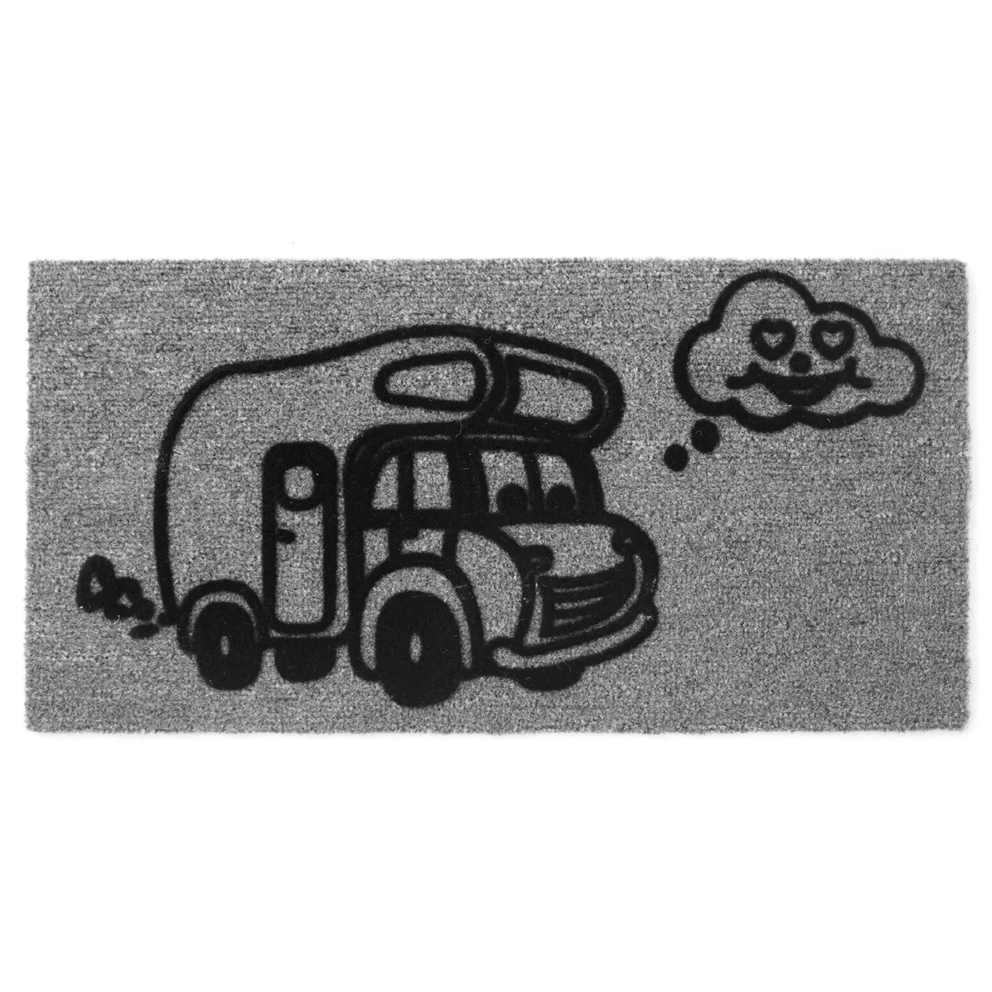 Grauer Teppich Derby Flock für Reisemobile mit schwarzer Zeichnung eines Wohnmobils und einer lächelnden Wolke