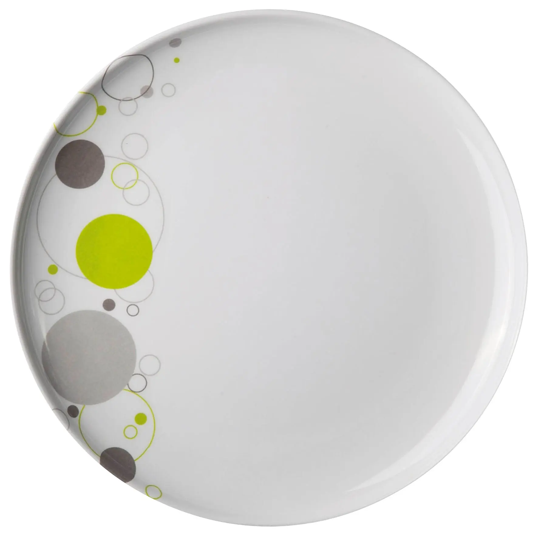 Dessertteller der Space-Geschirrserie, weiße Platte mit Randmuster aus Kreisen in Neon-Gelb und Grau, teils sichtbar am Rand