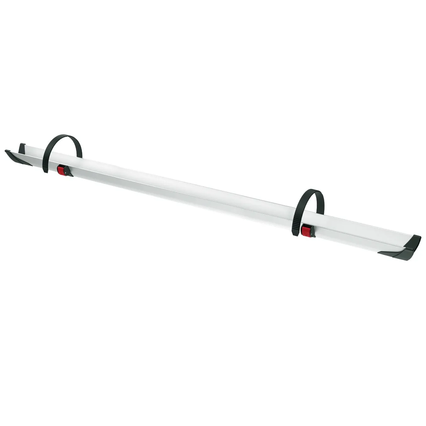 Silberne Fahrradschiene Rail Plus XL mit zwei schwarzen Haltegurten und roten Verschlüssen an den Enden