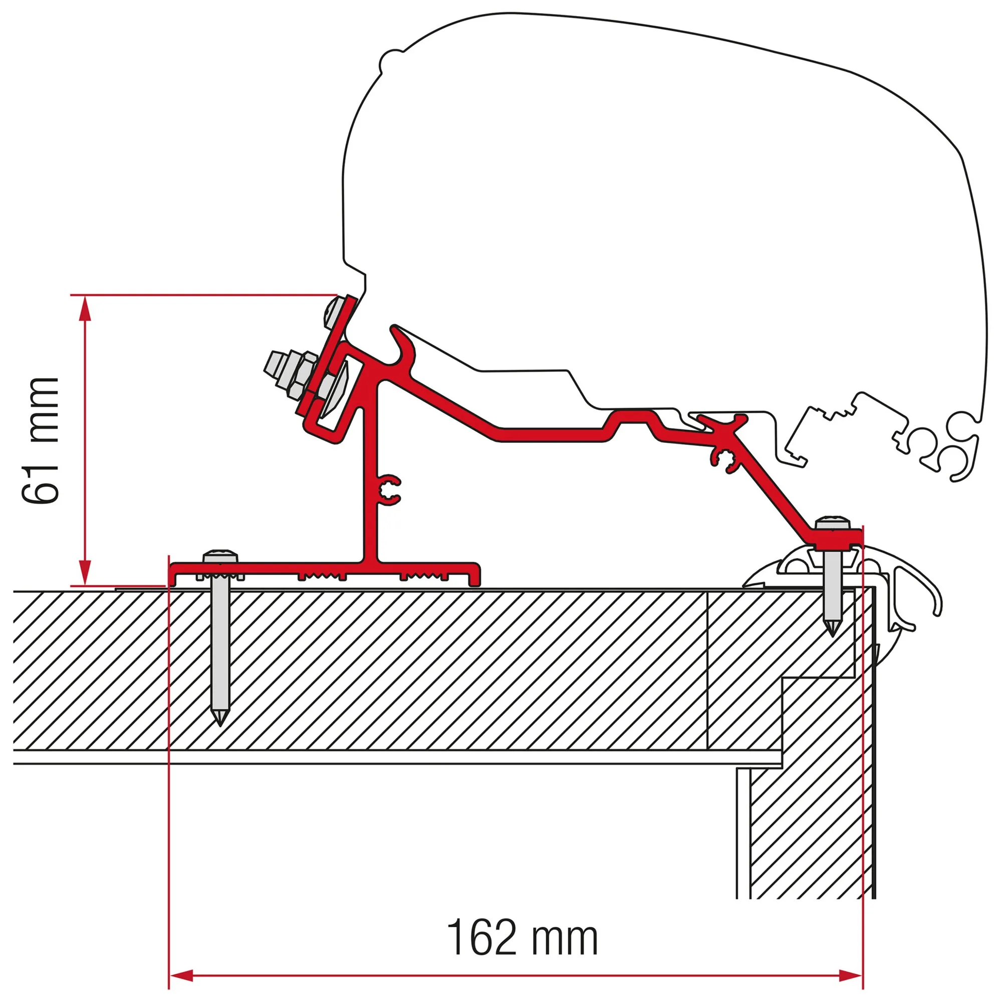 Technische Schnittzeichnung des roten Markisenadapters Caravan Roof auf einem Fahrzeugdach mit Befestigung und Maßen 61 und 162 mm