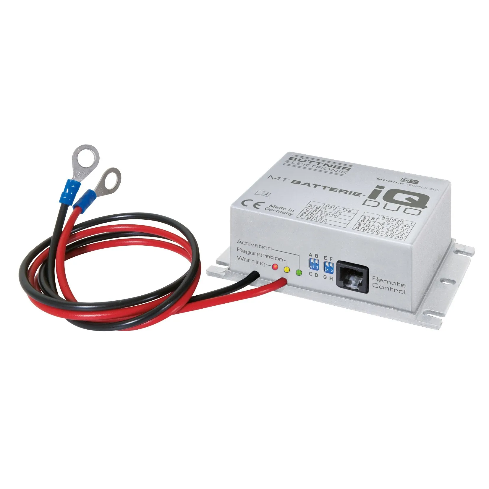 Batterie-Refresher MT Batterie-Elektronik von Büttner mit roten und schwarzen Anschlusskabeln und RingösenWinvalid