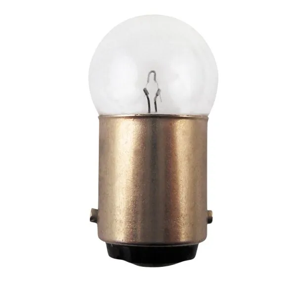Glühlampe mit rundem, milchig-weißem Glaskolben und bronzefarbenem Metallsockel mit seitlichen Kontakten