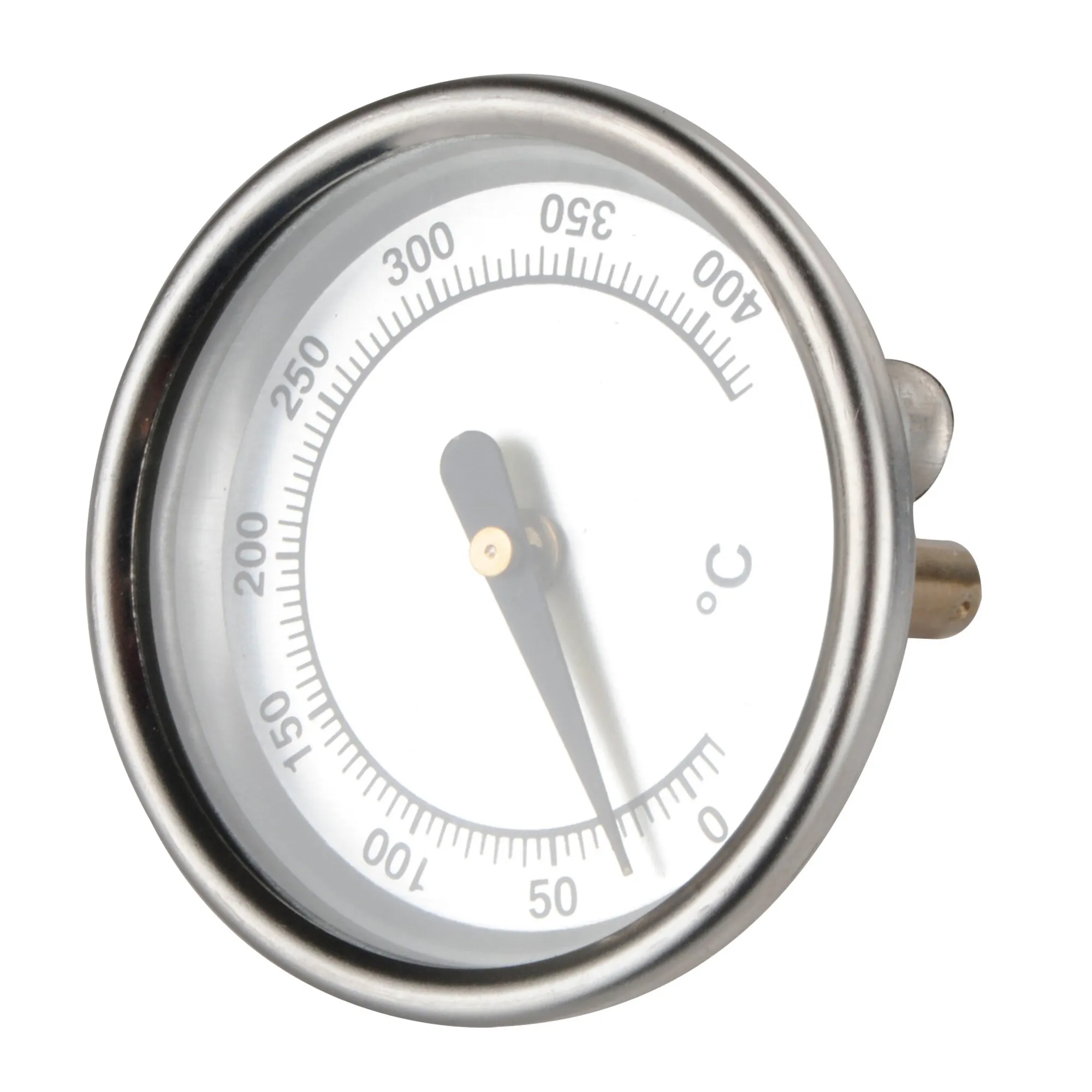 Rundes analoges Thermometer mit silbernem Metallrahmen, weißem Zifferblatt, Skala bis 450 °C und Zeiger nahe 50 °C