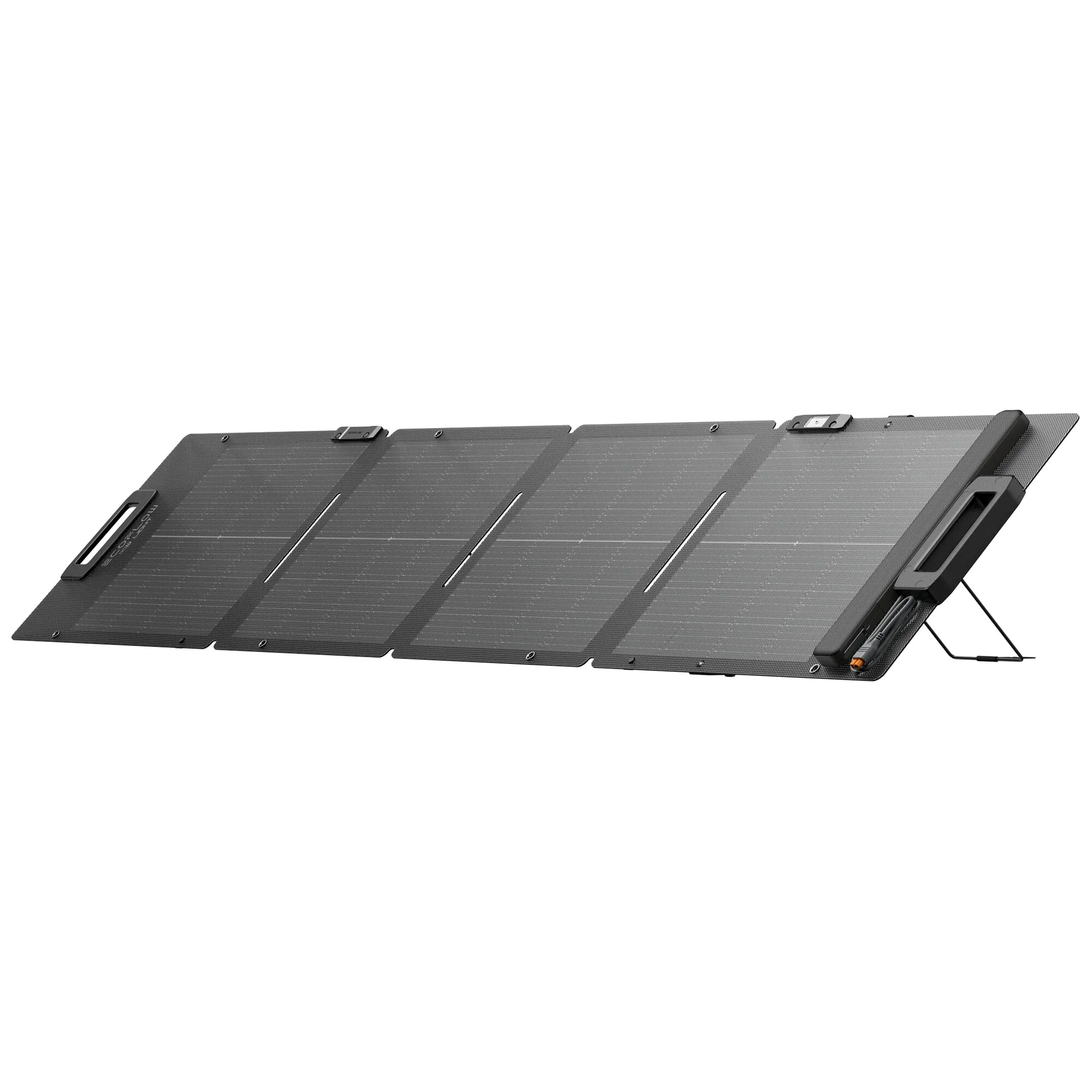 Faltbares schwarzes Solarmodul mit vier Solarpanelen, Tragegriffen, Anschlusskabel und ausklappbarem Aufsteller, 110 Wp