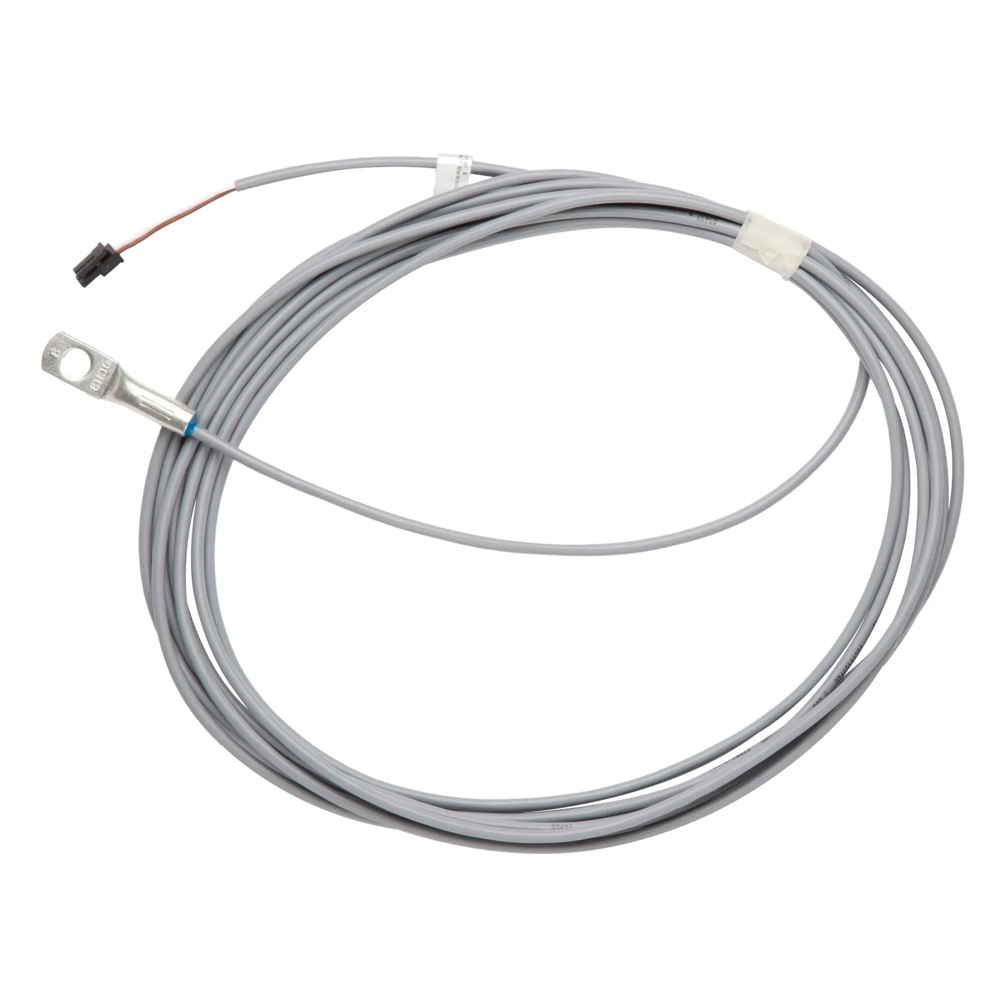 Graues Temperatursensor-Kabel mit Windungen, freiliegter Kupferleiter und schwarzem Steckverbinder, Metallklemme mit Loch
