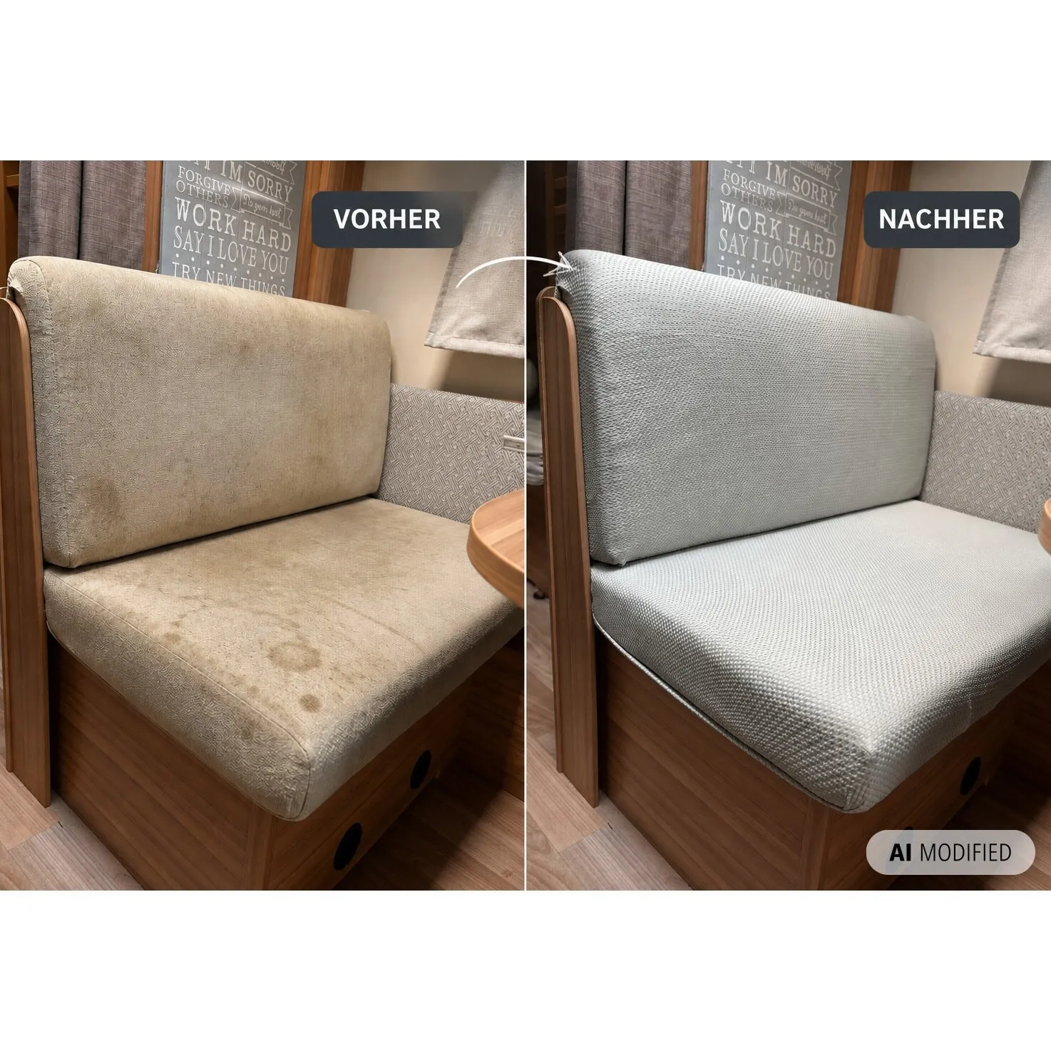 Vorher-nachher-Vergleich eines Camper-Sitzpolsters: links beige und fleckig, rechts mit schwarzem Polsterschlauch FlexiCover bezogen