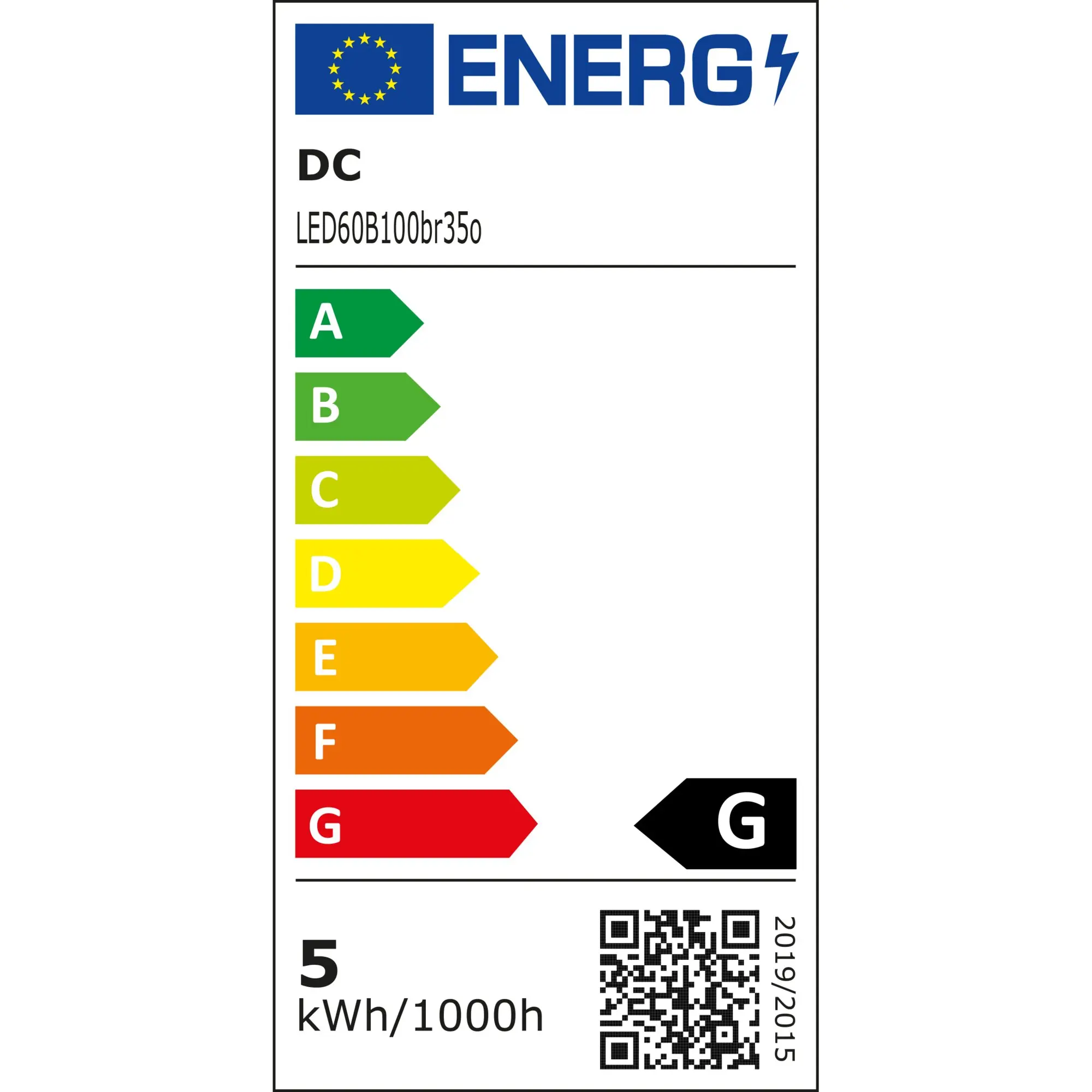 EU-Energiekennzeichnung für LED-Lichtband 100 cm Länge; EU-Flagge, ENERG-Logo mit Blitz, Modell LED60B100br350, farbige Skala A bis G und QR-Code