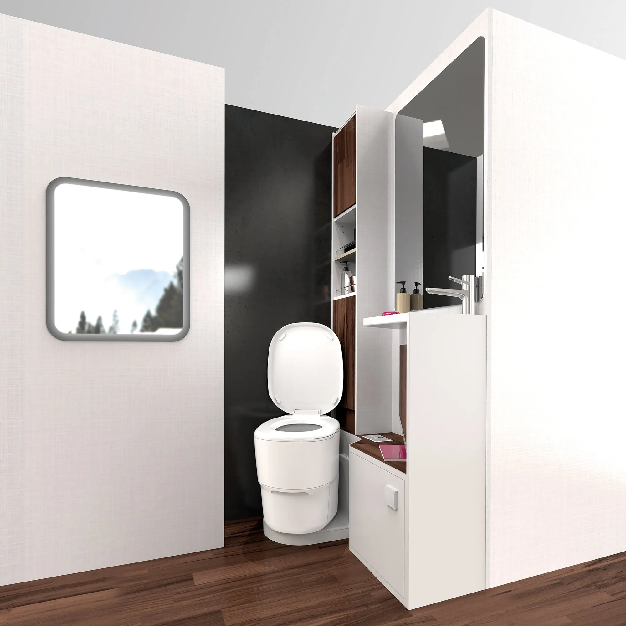 Weiße Verschweiß-Toilette Clesana C1 mit L-Adapter in einem kompakten Bad neben Waschtisch und Spiegel