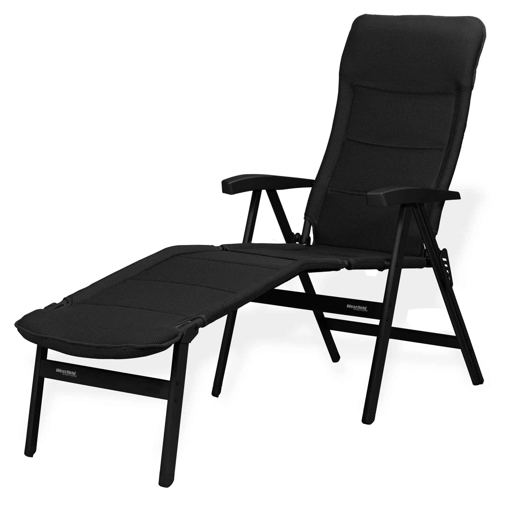Schwarzer Campingstuhl Noblesse Deluxe mit verstellbarer Rückenlehne, Armlehnen und ausklappbarer Beinauflage