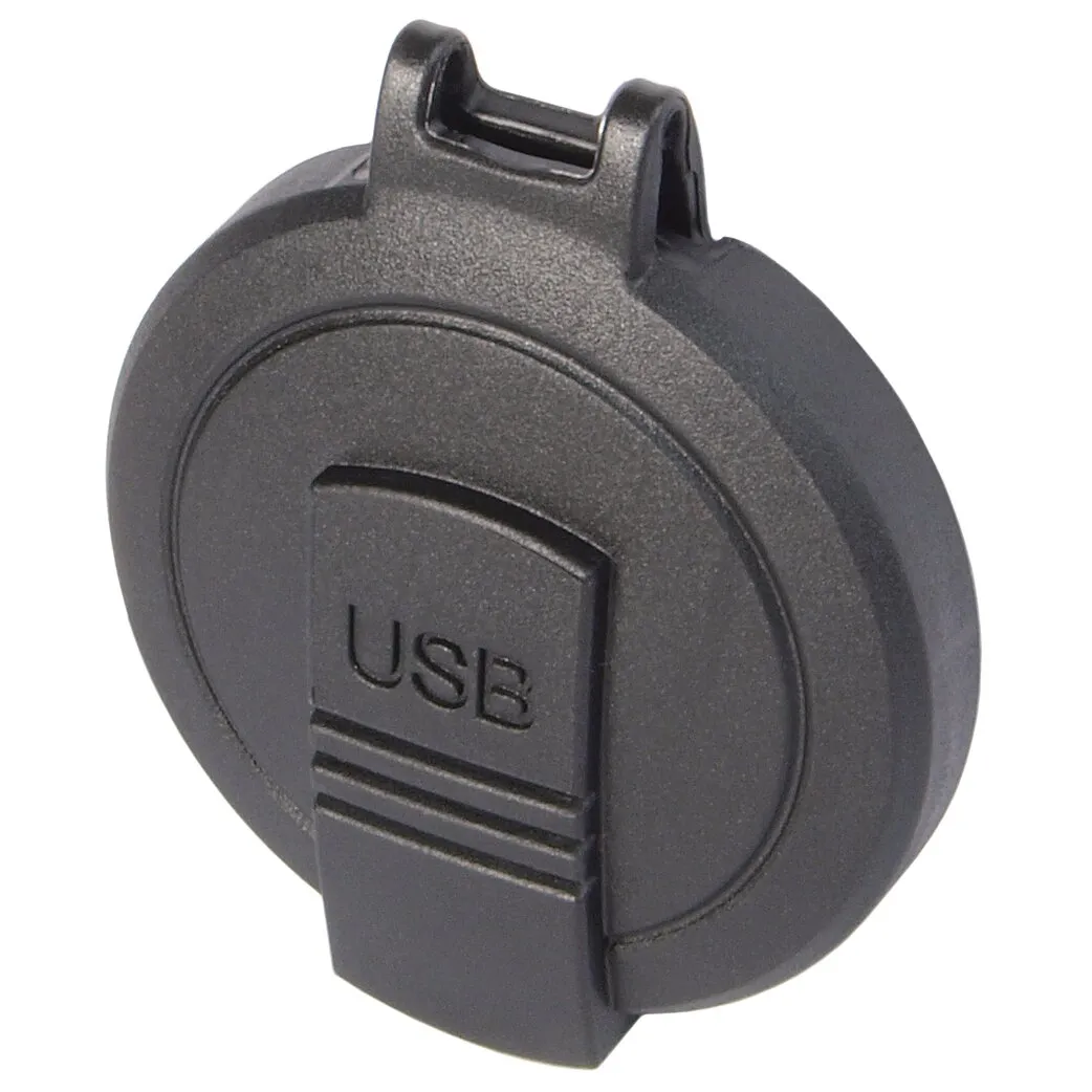 Schwarzer runder Universal-Schutzdeckel aus Kunststoff mit erhöhter Lasche und eingeprägter USB-Kennzeichnung