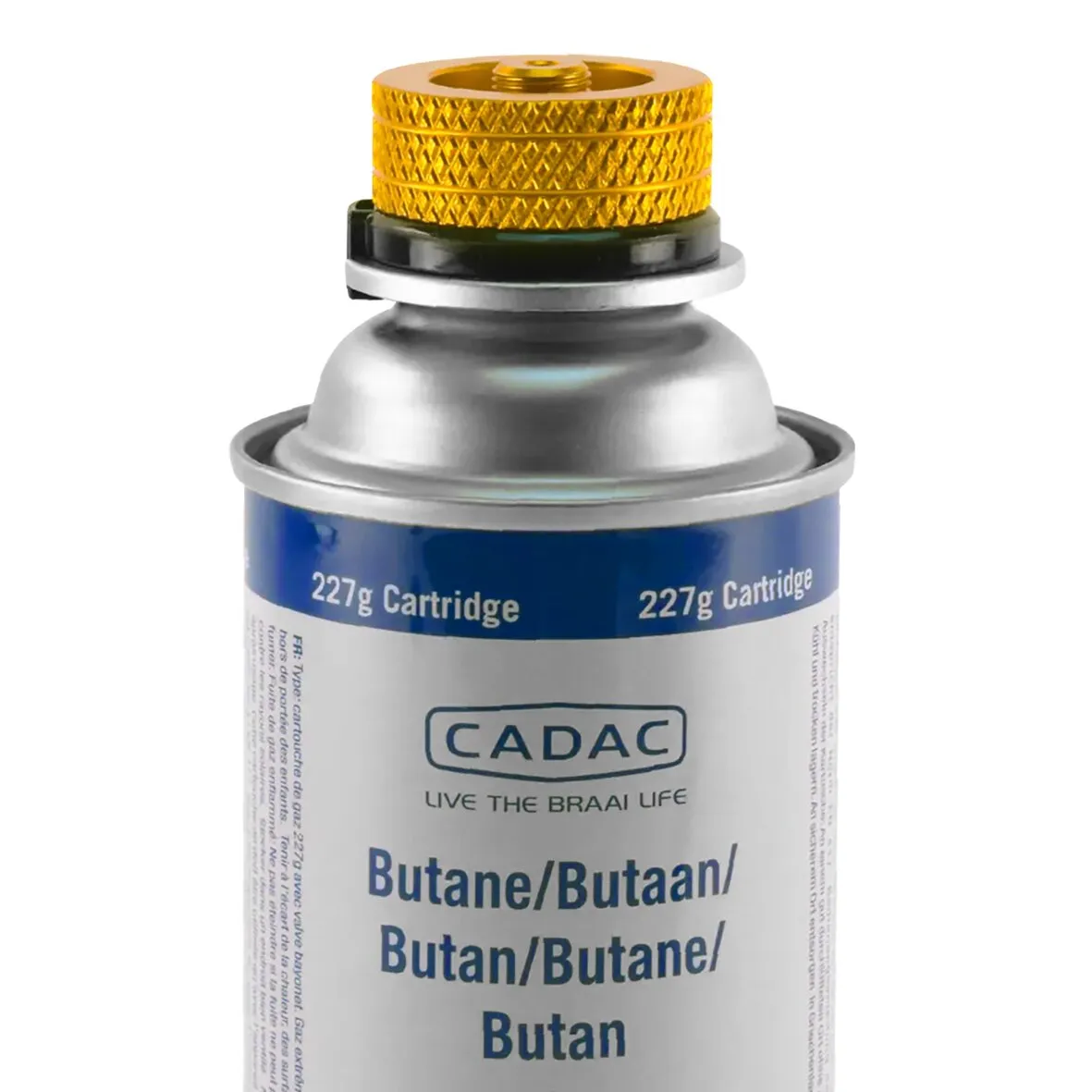 Goldener Bajonett-Kartuschen-Adapter auf einer blauen 227-g-Butankartusche von CADAC