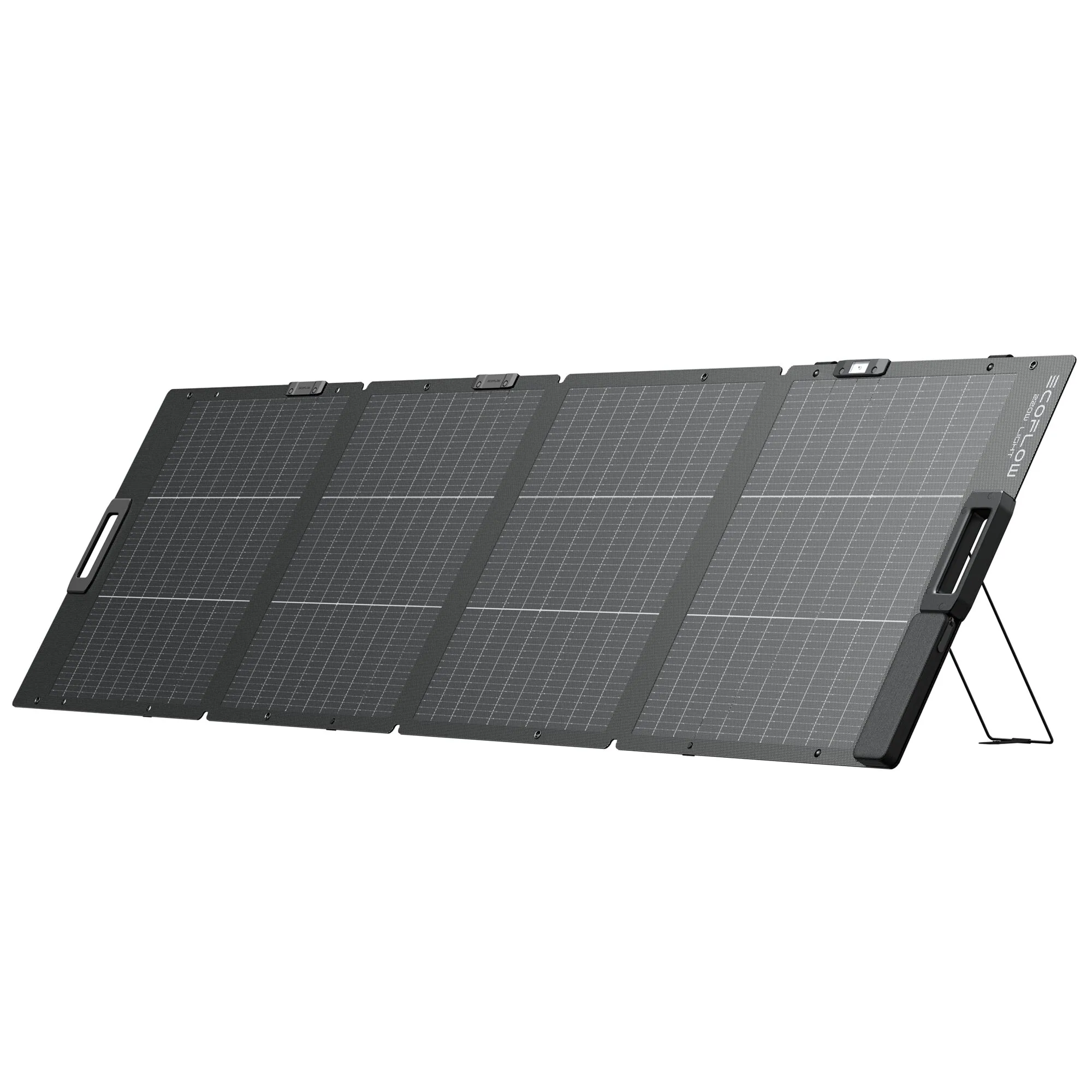 Faltbares schwarzes Solarmodul mit vier Solarflächen, Tragegriffen und ausklappbarem Standfuß, 220 Wp
