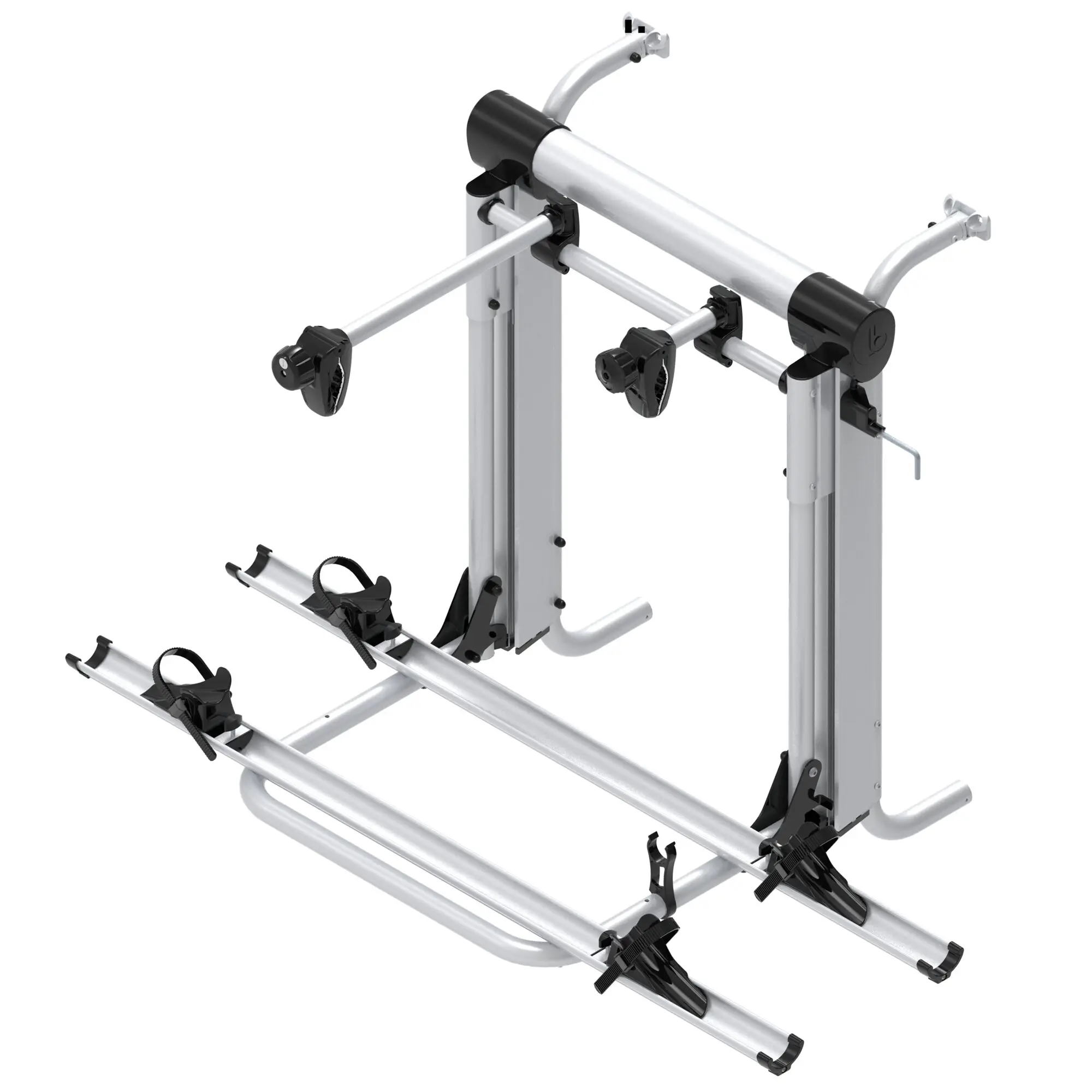 Detailaufnahme eines Heckträgers mit Bike Lift Rail Standard: silberne Rohre, schwarze Endkappen, Halterklemmen und Spanngurte