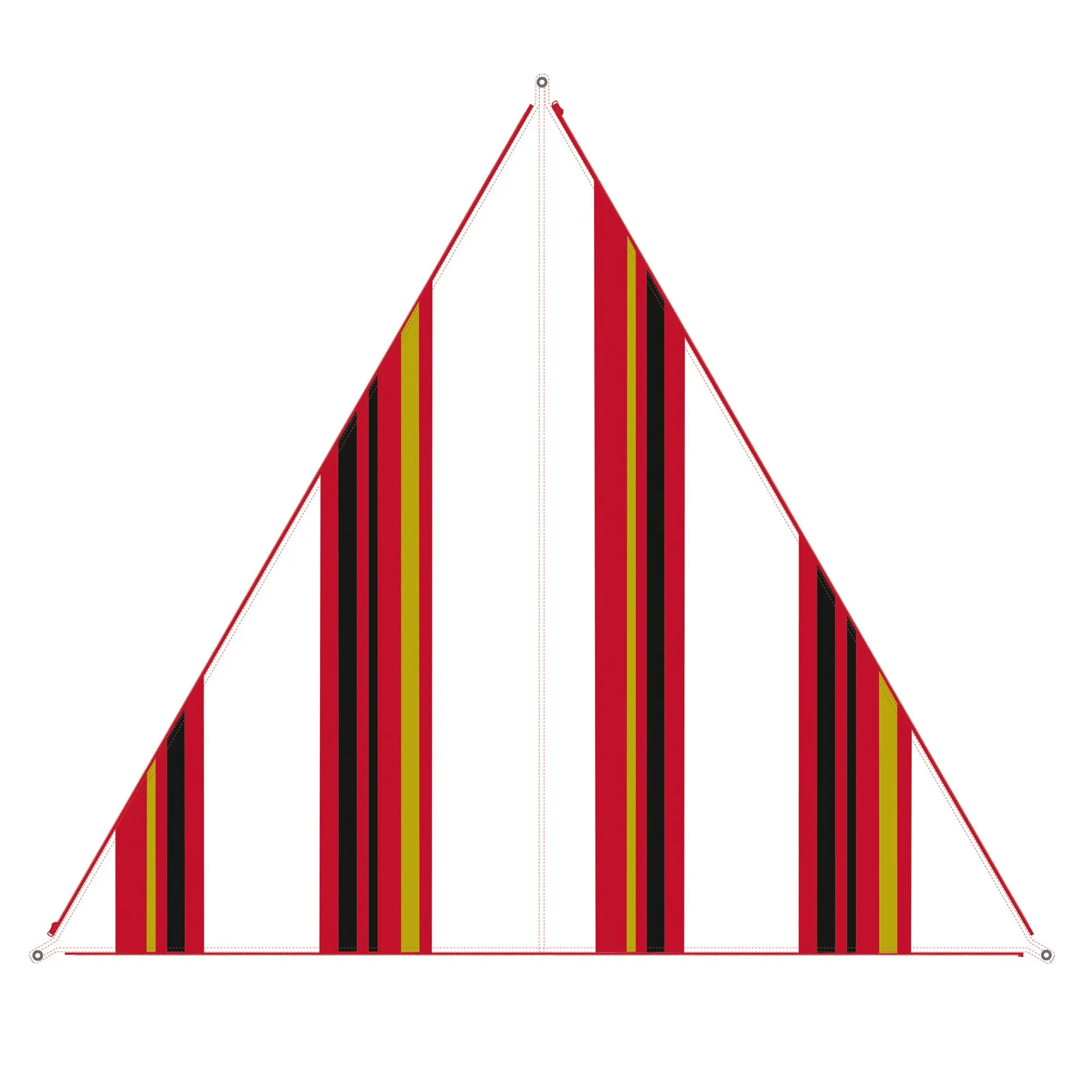 Technische Illustration eines dreieckigen Sonnensegels mit rotem Rand und vertikalen Streifen in Rot, Gelb und Schwarz, obere Öse und untere Ecken mit Ösen