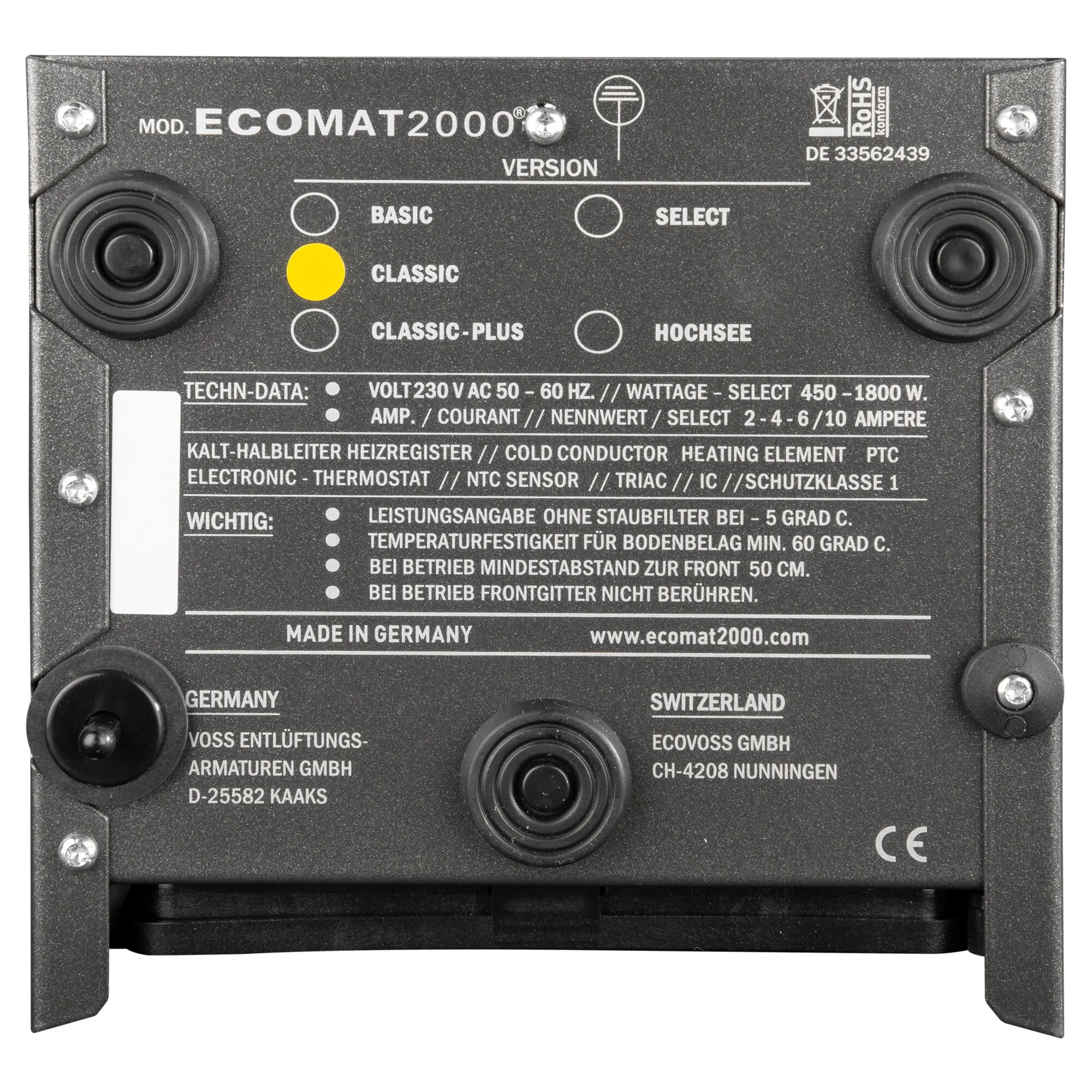 Unterseite des schwarzen Heizgeräts Ecomat 2000 Classic mit Typenschild, Standfüßen und technischen Daten geschniegelt