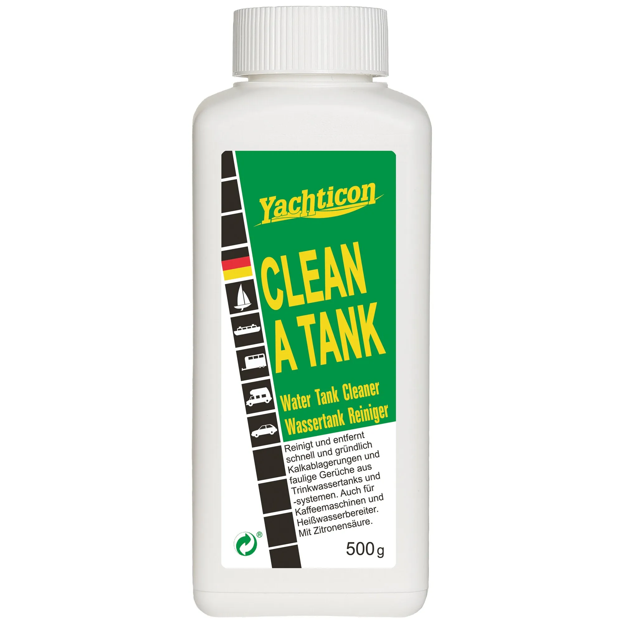 Weiße 500-g-Flasche Yachticon Clean a Tank, Kalk- und Wassertankreiniger mit Zitronensäure-Regelung