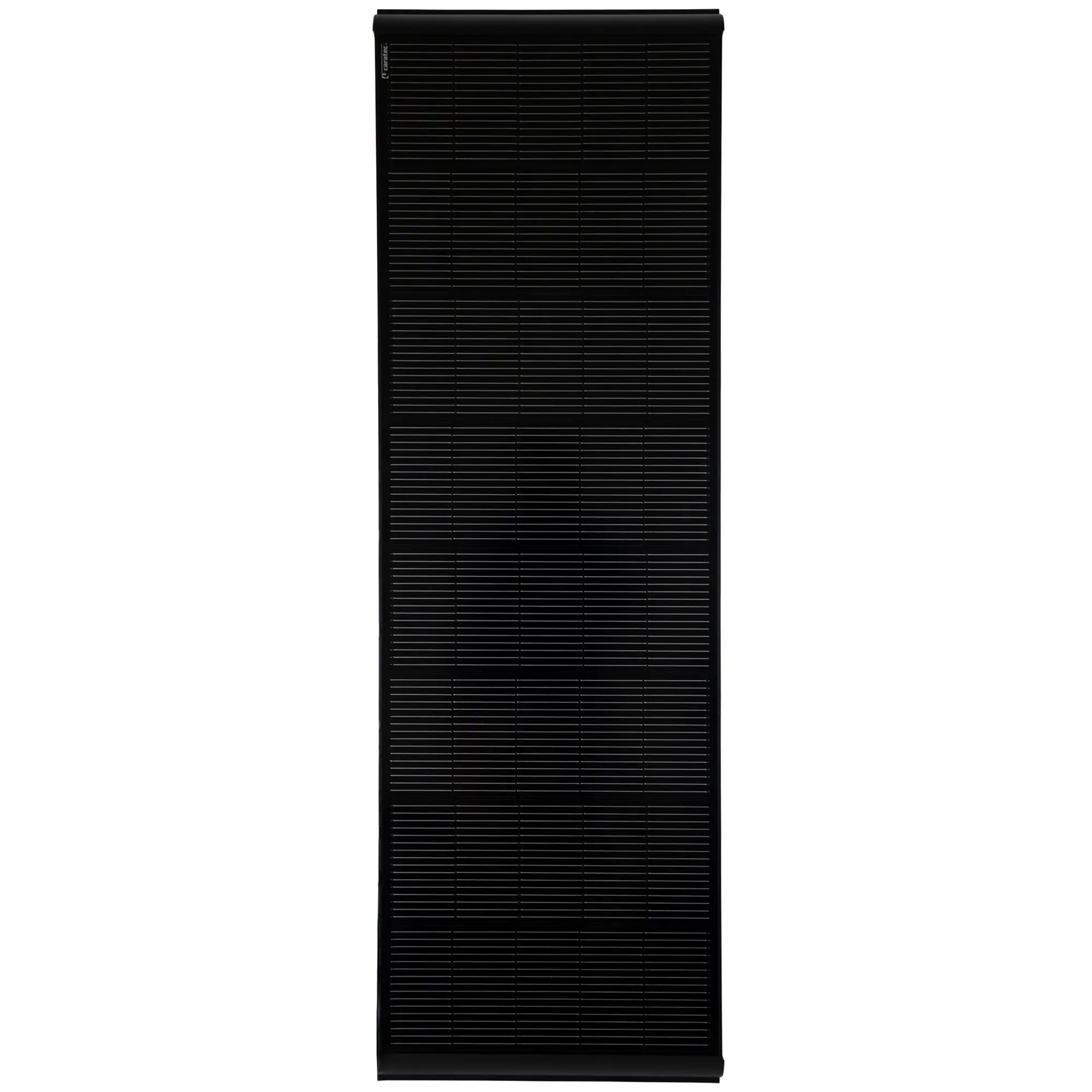 Schwarzes Solarmodul in Hochformat, frontseitig dunkel mit feinen horizontalen Linien des Zellgitters und schwarzem Rahmen