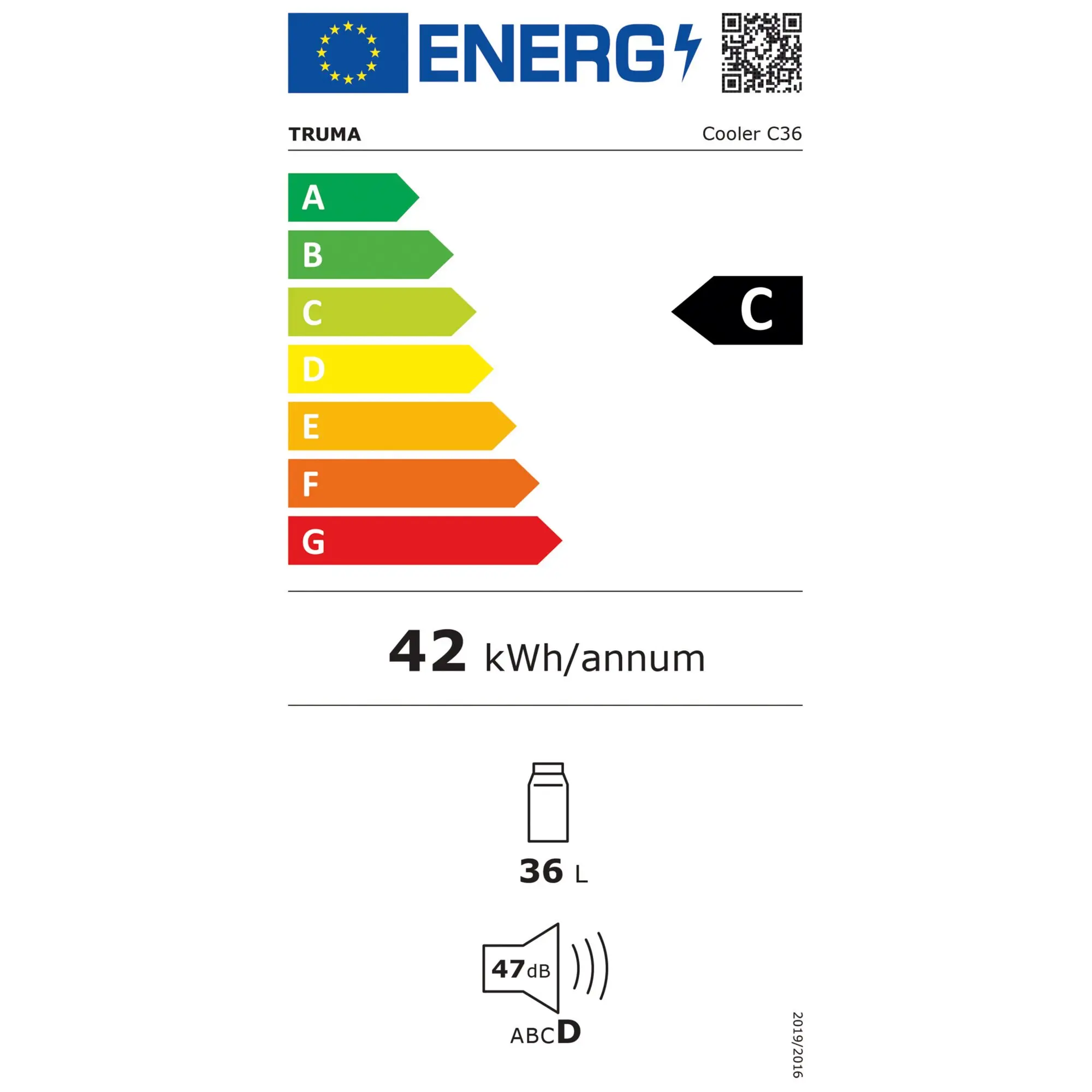 EU-Energielabel für Kompressorkühlbox Truma Cooler mit 36 L, 42 kWh/annum, 47 dB Geräuschpegel, Effizienzskala A bis G sichtbar