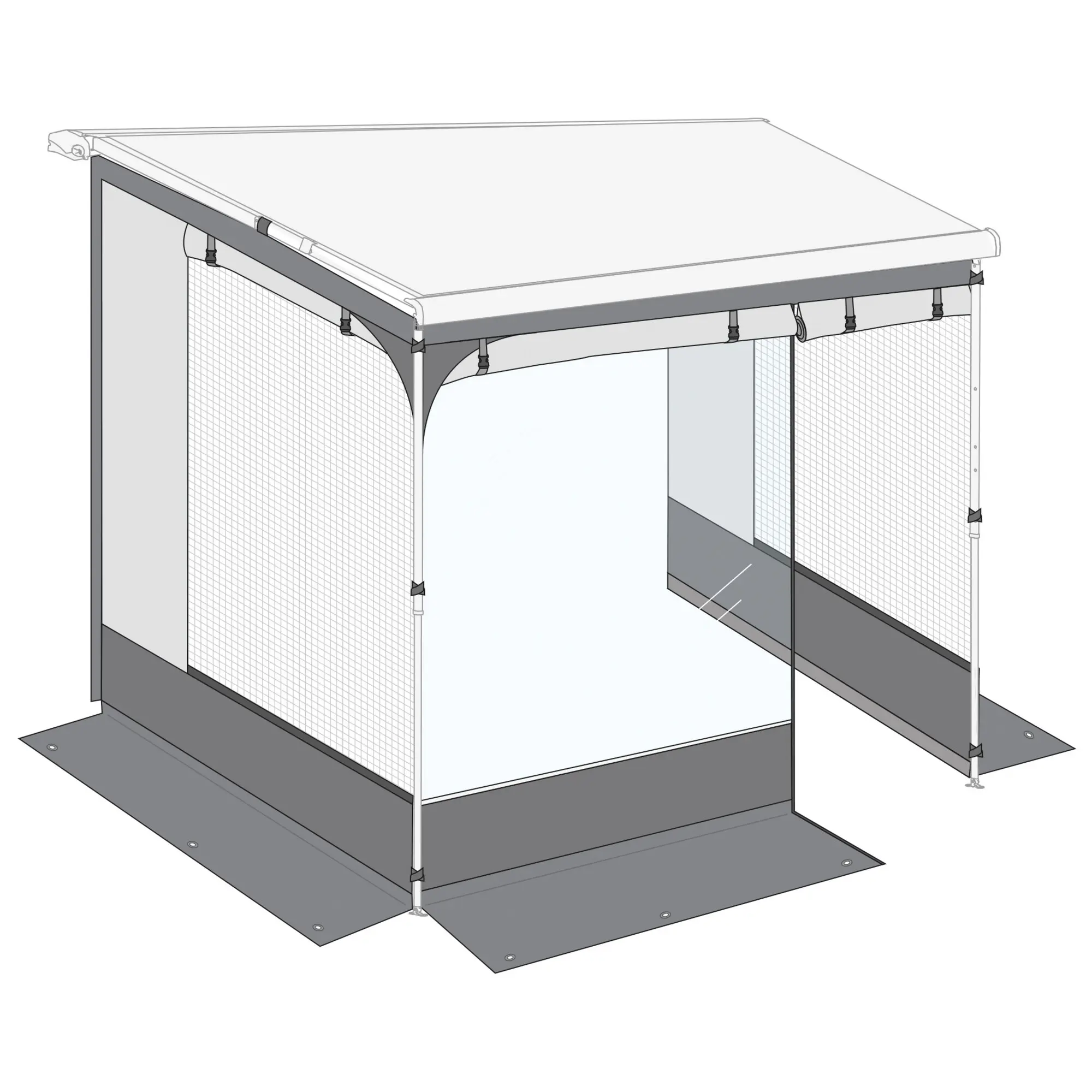 Markisenzelt Room Van für F40van, 270 cm, rechteckiges Zelt mit weißem Dach, grauem Rahmen und seitlichen Netzwänden