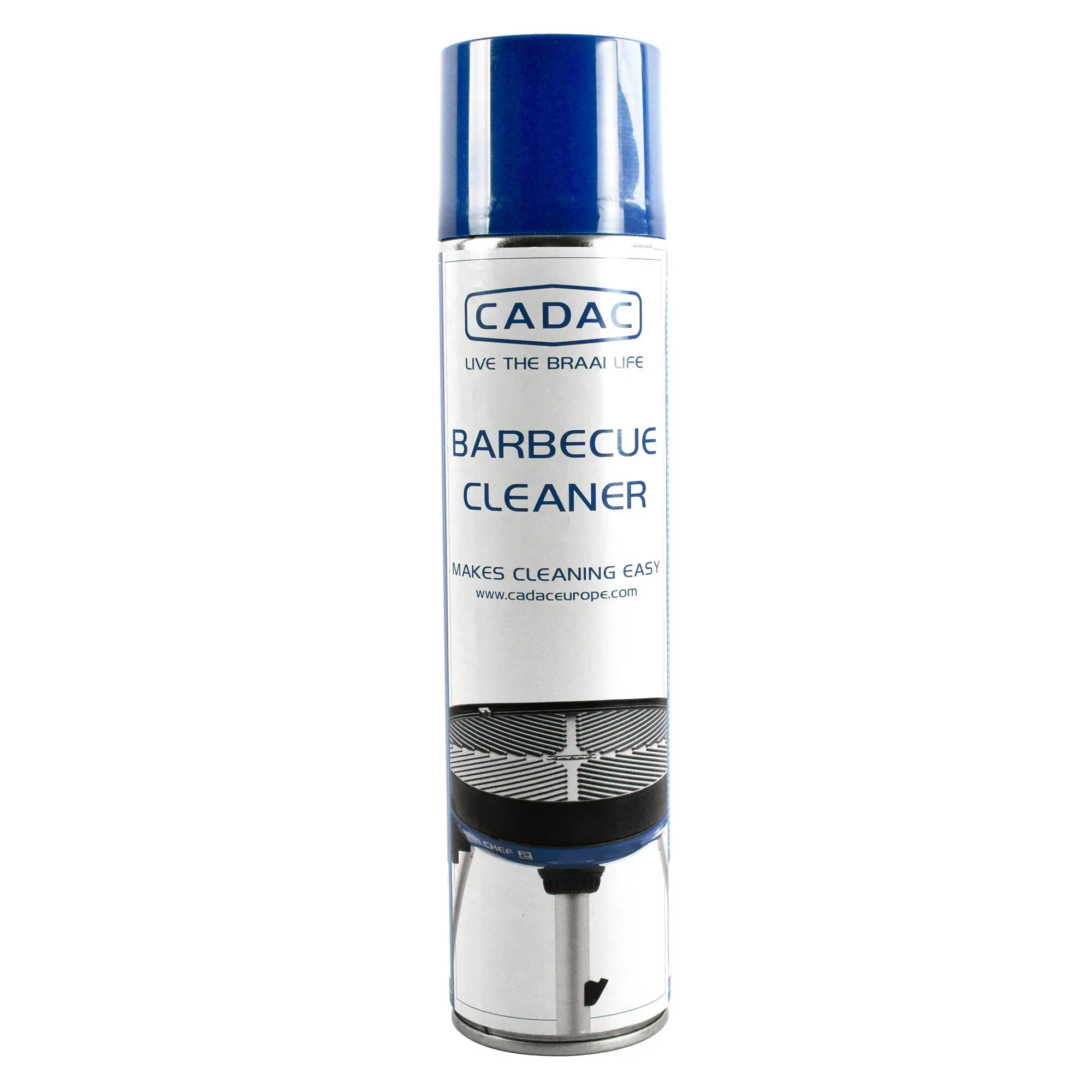 Aufrecht stehende Reinigungs-Sprühflasche mit blauem Deckel, weißem Etikett, CADAC-Logo und BARBECUE CLEANER