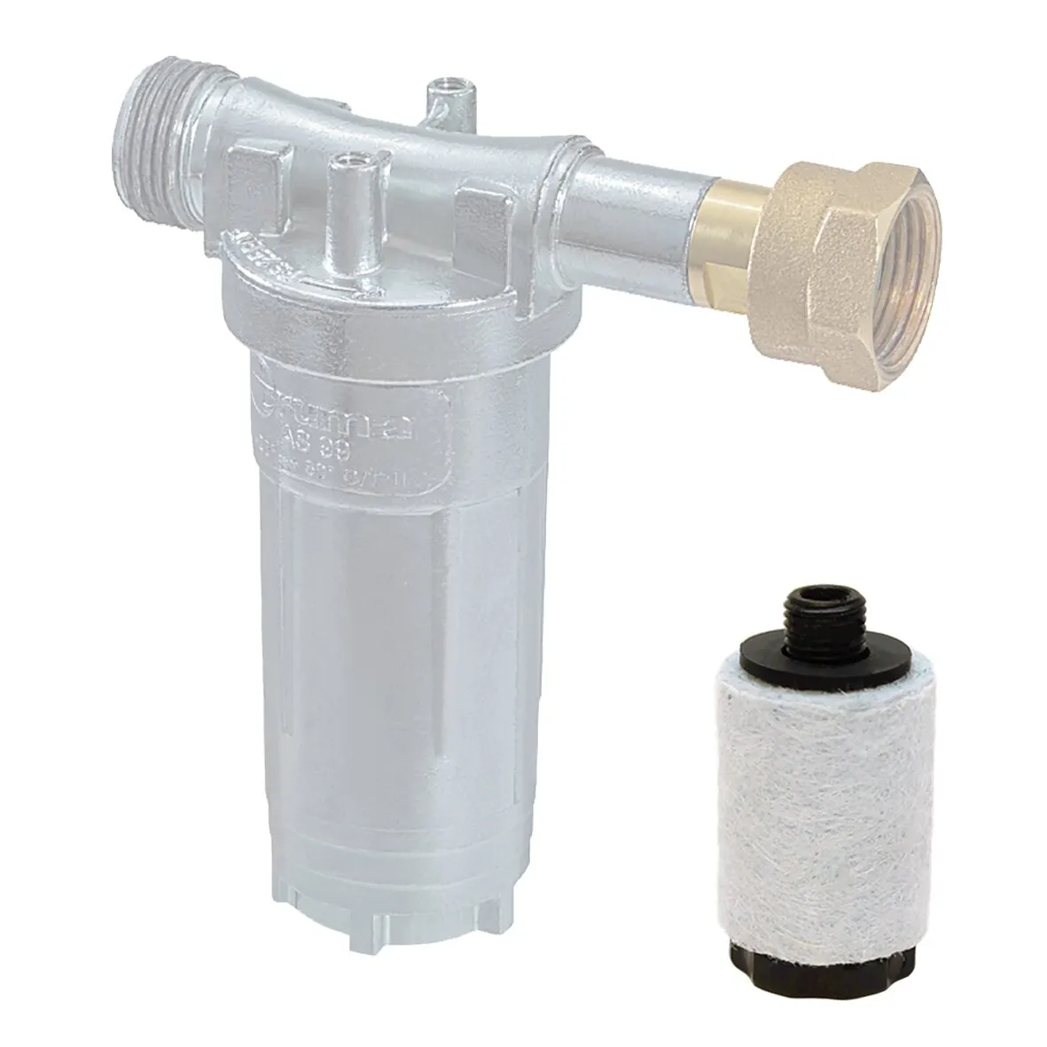 Silberfarbener Gasfilter mit seitlichem Messinganschluss und separater weißer Ersatzpatrone mit schwarzen Gewindenાજુ