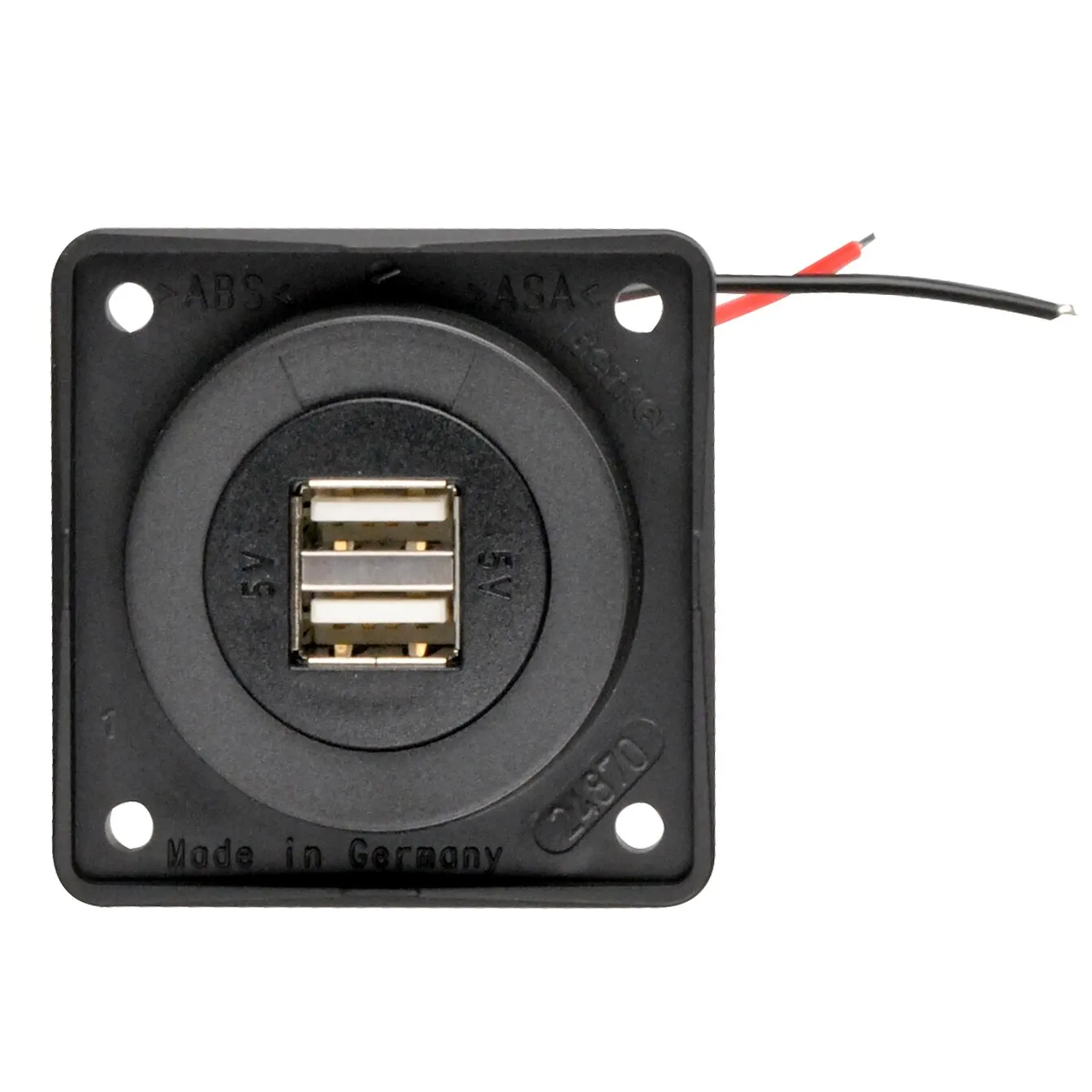 Schwarze quadratische USB-Steckdose mit zwei übereinanderliegenden USB-A-Anschlüssen, Befestigungsbohrungen und Anschlusskabeln