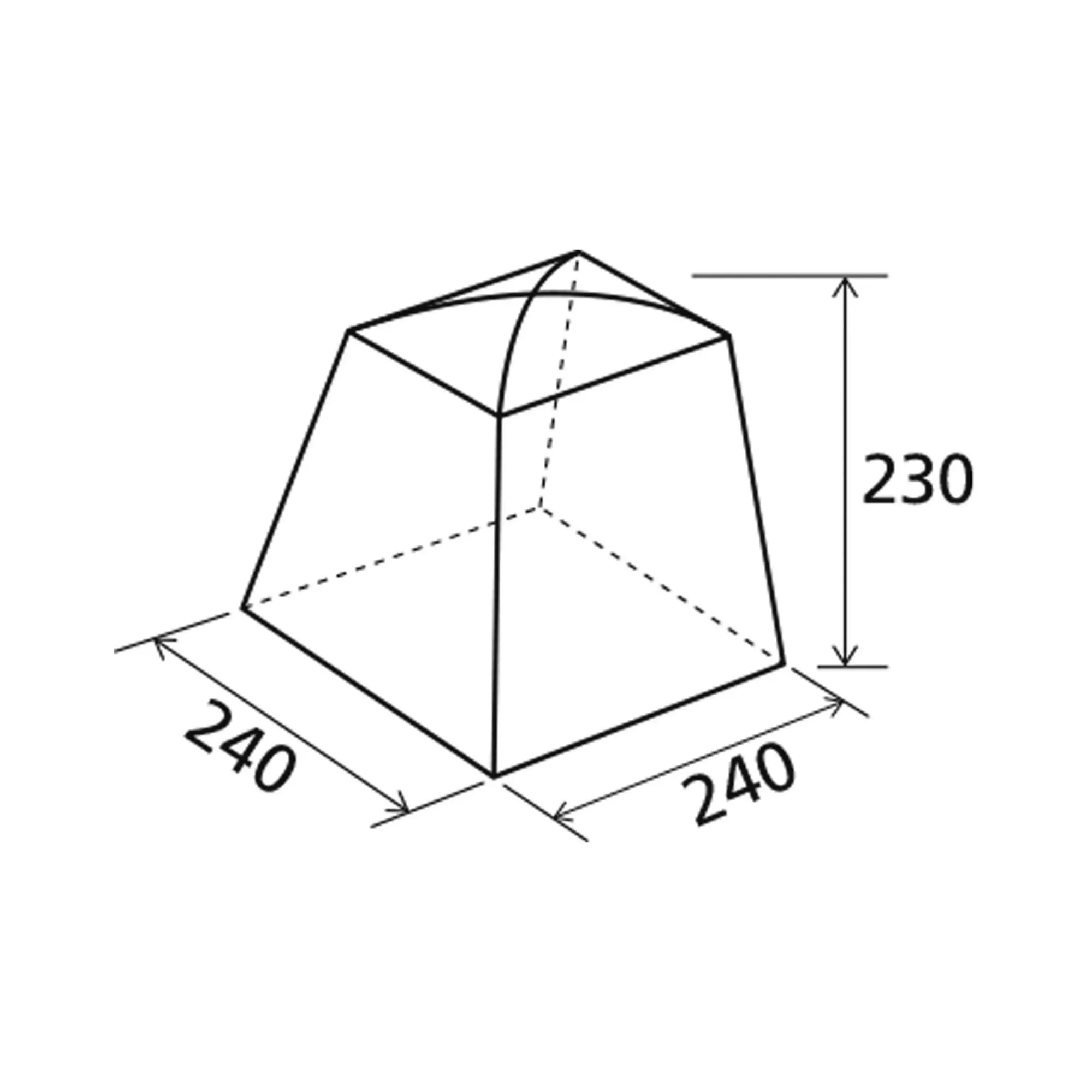 Isometrische Linienzeichnung eines Küchenzelts Dinery mit quadratischer Grundfläche, Innenrahmen und Abmessungen 240 x 240 cm Höhe 230 cm