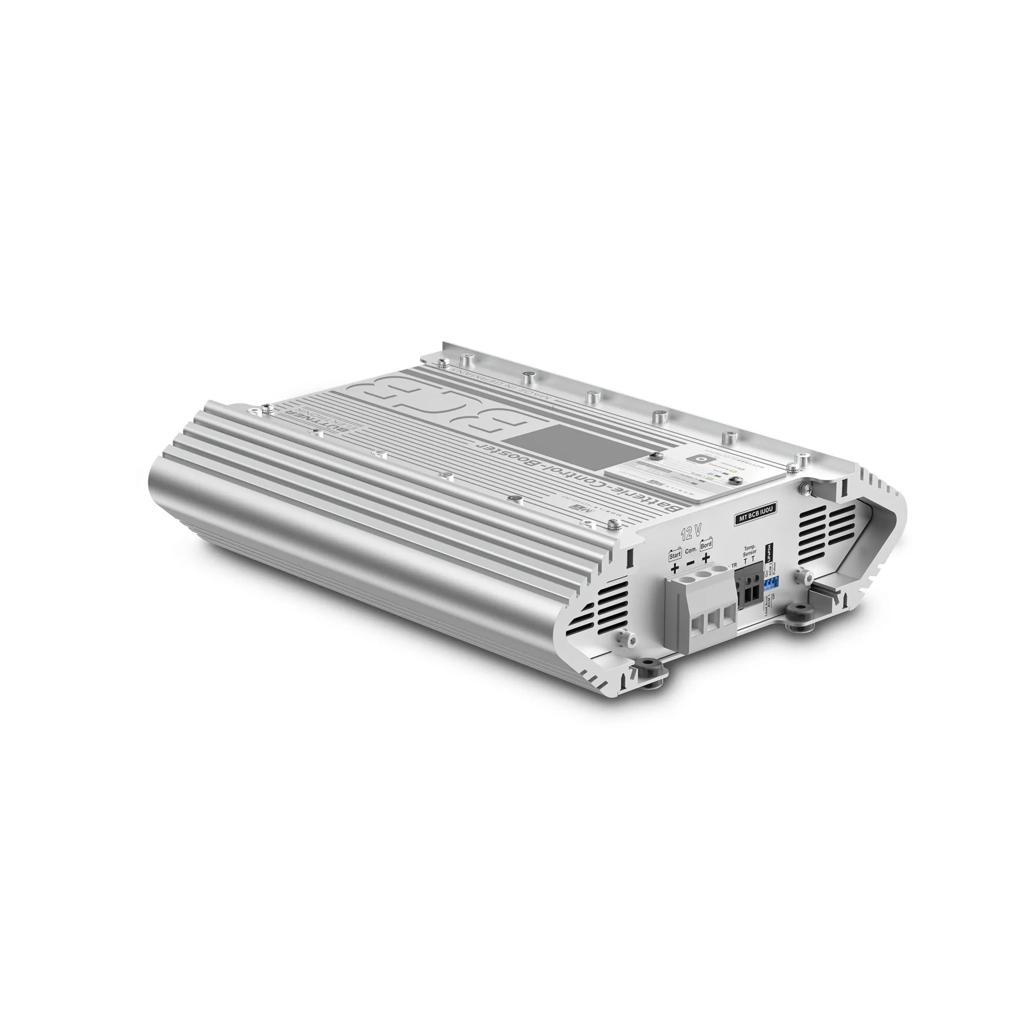 Silberner Batterie-Control-Booster MT, 10 A, mit geripptem Kühlkörper, 12-Volt-Anschlüssen und Lüftungsschlitzen