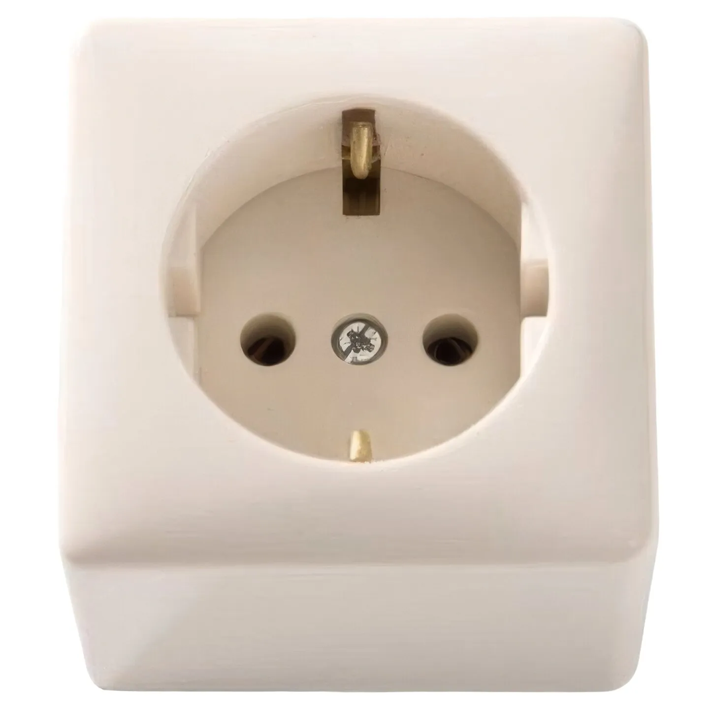 Weiße Schuko-Aufputzsteckdose mit einer Steckereinheit, sichtbaren Schutzkontakten und zentraler Befestigungsschraube