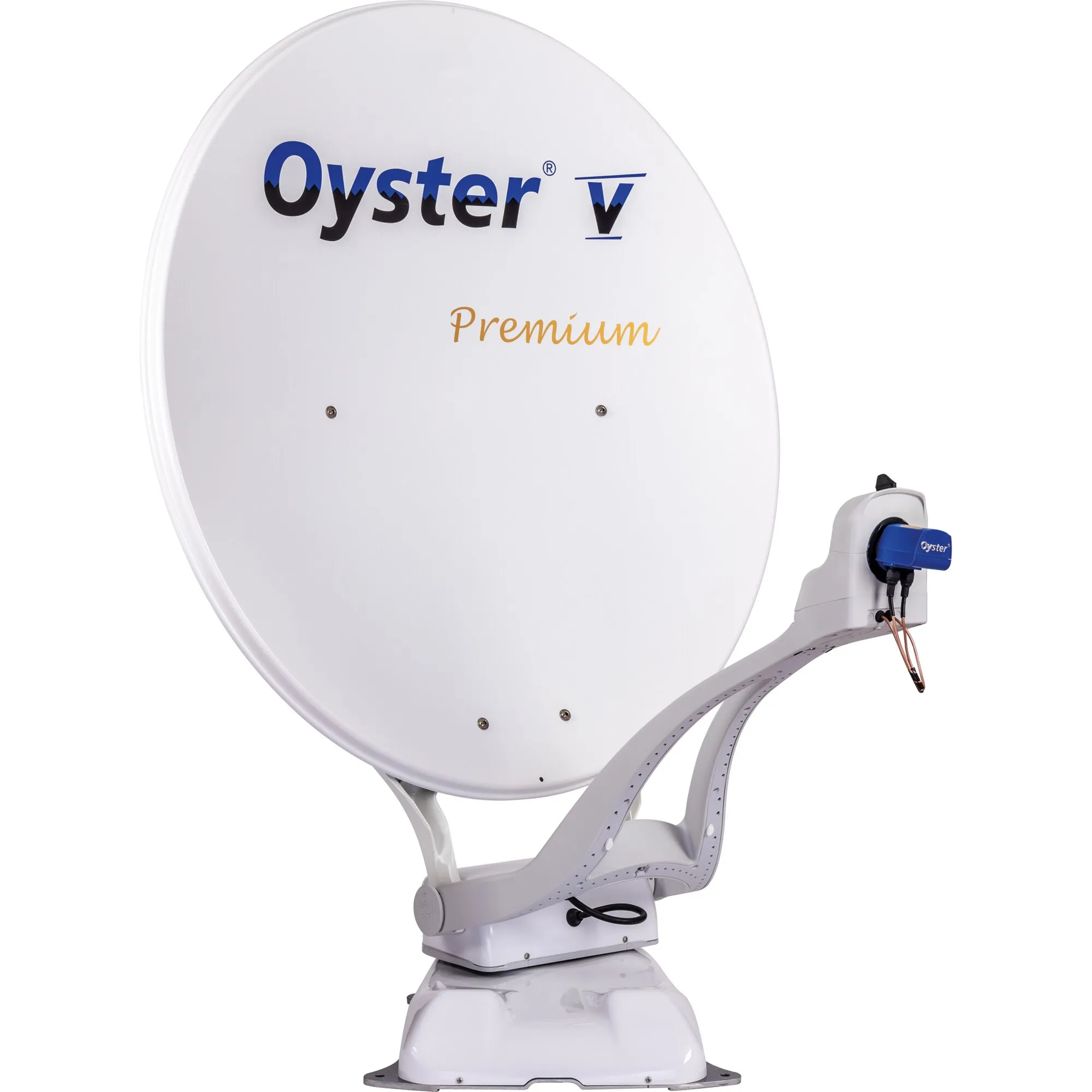 Weiße Oyster V Sat-Anlage mit rundem Parabolspiegel, Twin-LNB und motorisierter Montageeinheit
