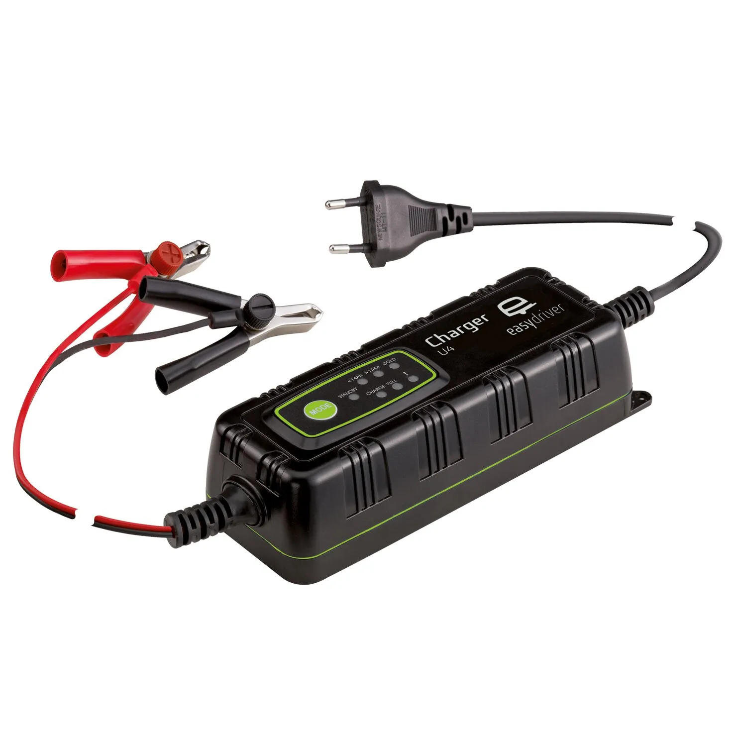 Schwarzes Ladegerät Charger U4 mit grünem Bedienfeld, Netzstecker sowie roten und schwarzen Krokodilklemmen