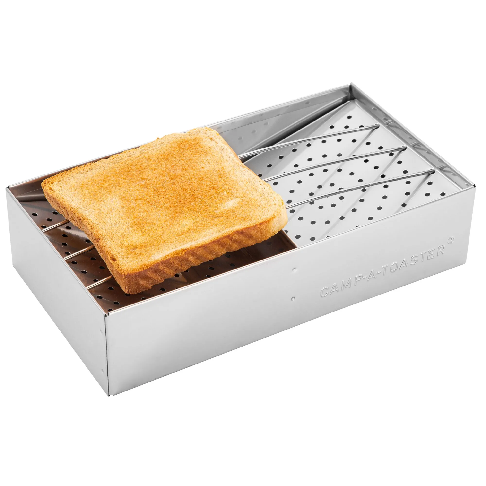 CAMP-A-TOASTER® aus Edelstahl mit gelochter Grillfläche und zwei goldbraunen Toastscheiben