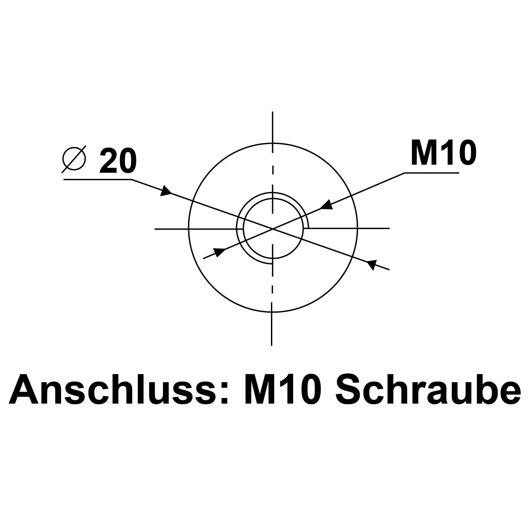 Technische Zeichnung eines runden Bauteils mit Zentralbohrung und drei konzentrischen Kreisen, Achsenlinien sowie den Beschriftungen Ø 20 und M10