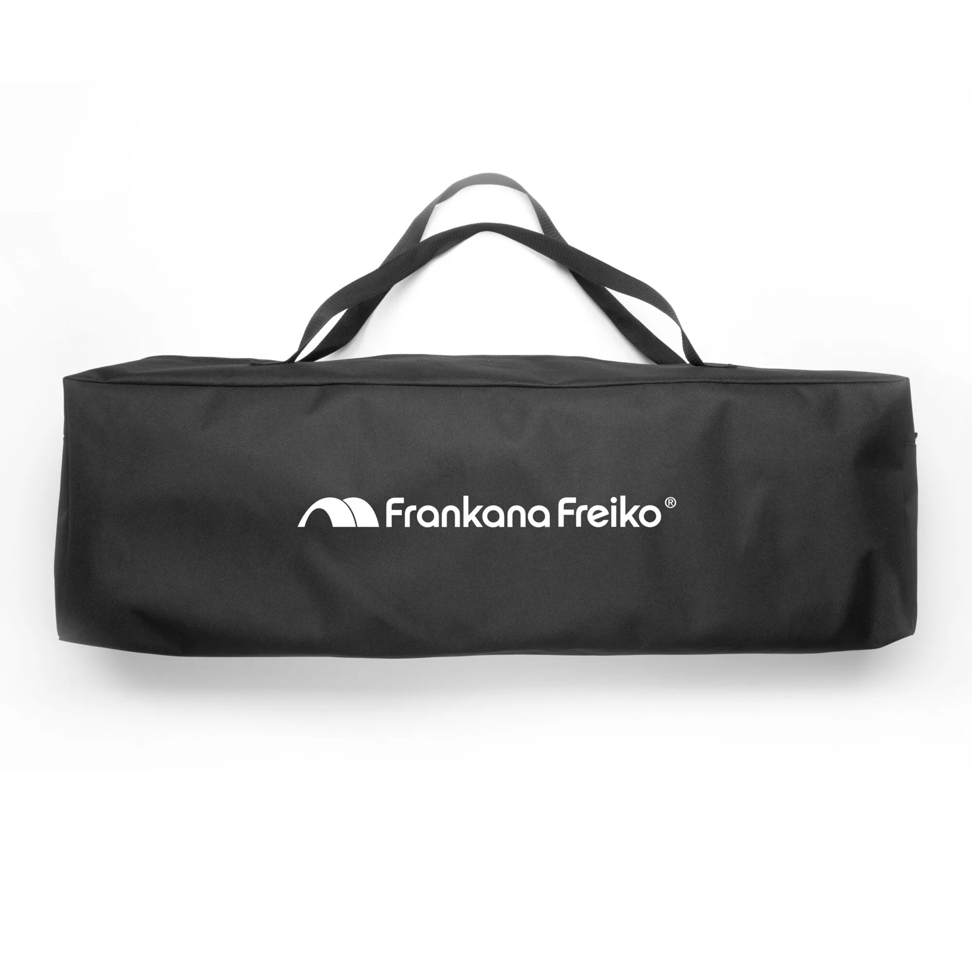 Schwarze rechteckige Packtasche für eine Wäschespinne mit zwei Tragegriffen und weißem Frankana-Freiko-Logo