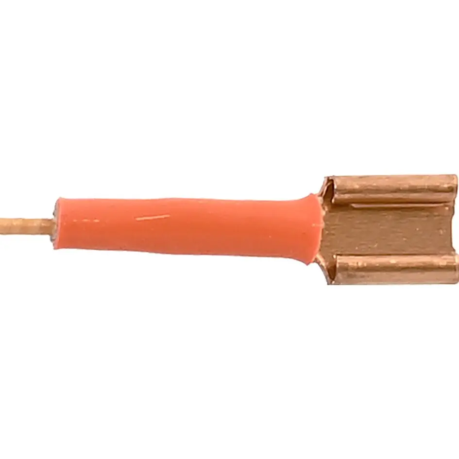 Thermoelement mit orangefarbener Isolierung und kupfernem Messkopf, rechteckiges Endstück mit seitlichen Ausformungen, Länge ca. 30 cm
