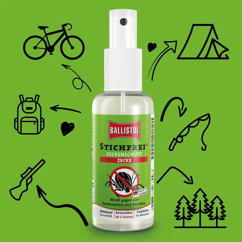 Sprühflasche Ballistol Stichfrei Zeckenschutz Zecke vor grünem Hintergrund, umgeben von Skizzen: Fahrrad, Rucksack, Zelt und Wald