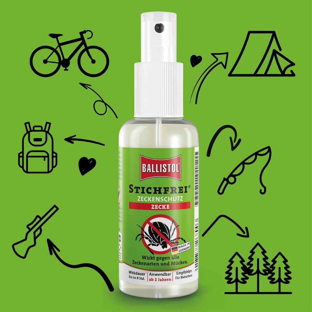 Sprühflasche Ballistol Stichfrei Zeckenschutz Zecke vor grünem Hintergrund, umgeben von Skizzen: Fahrrad, Rucksack, Zelt und Wald