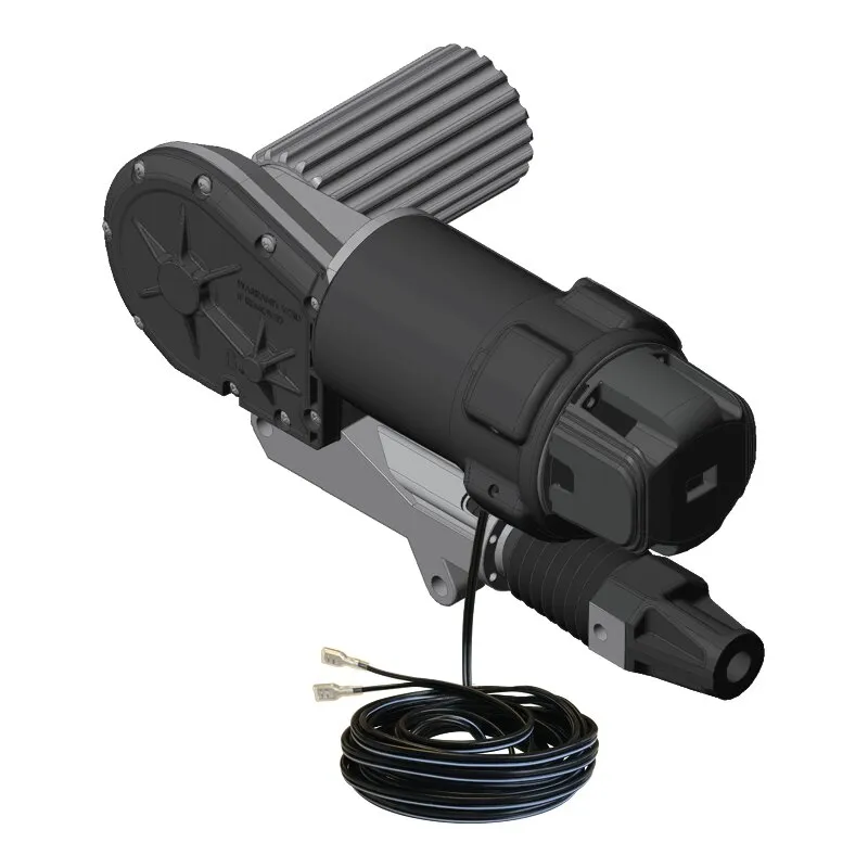 Schwarzer Motor und Getriebe B mit geripptem Elektromotor, Montagehalterung, Anschlusskabel und aufgewickelter Leitung